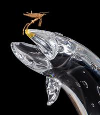 A Steuben Trout and Fly Glass Sculpture