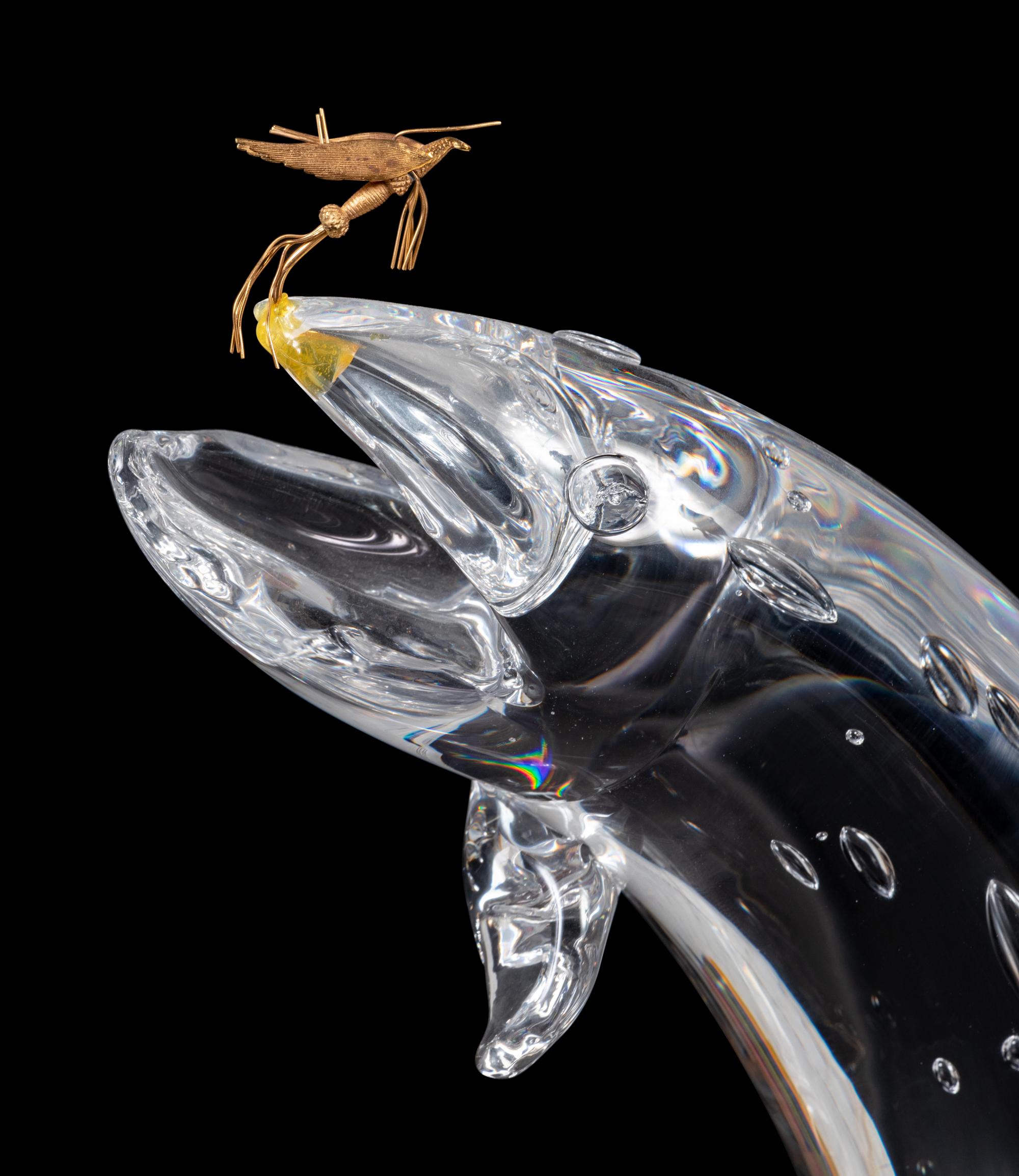 A Steuben Trout and Fly Glass Sculpture