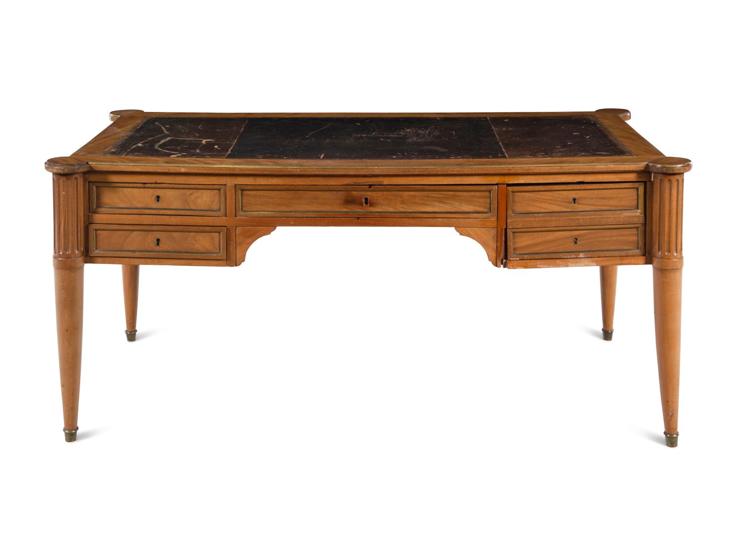 A Louis XVI Style Brass Mounted Walnut Bureau Plat