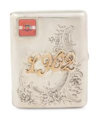 A Russian Gold, Silver and Enamel Charm Mounted Silver Cigarette Case