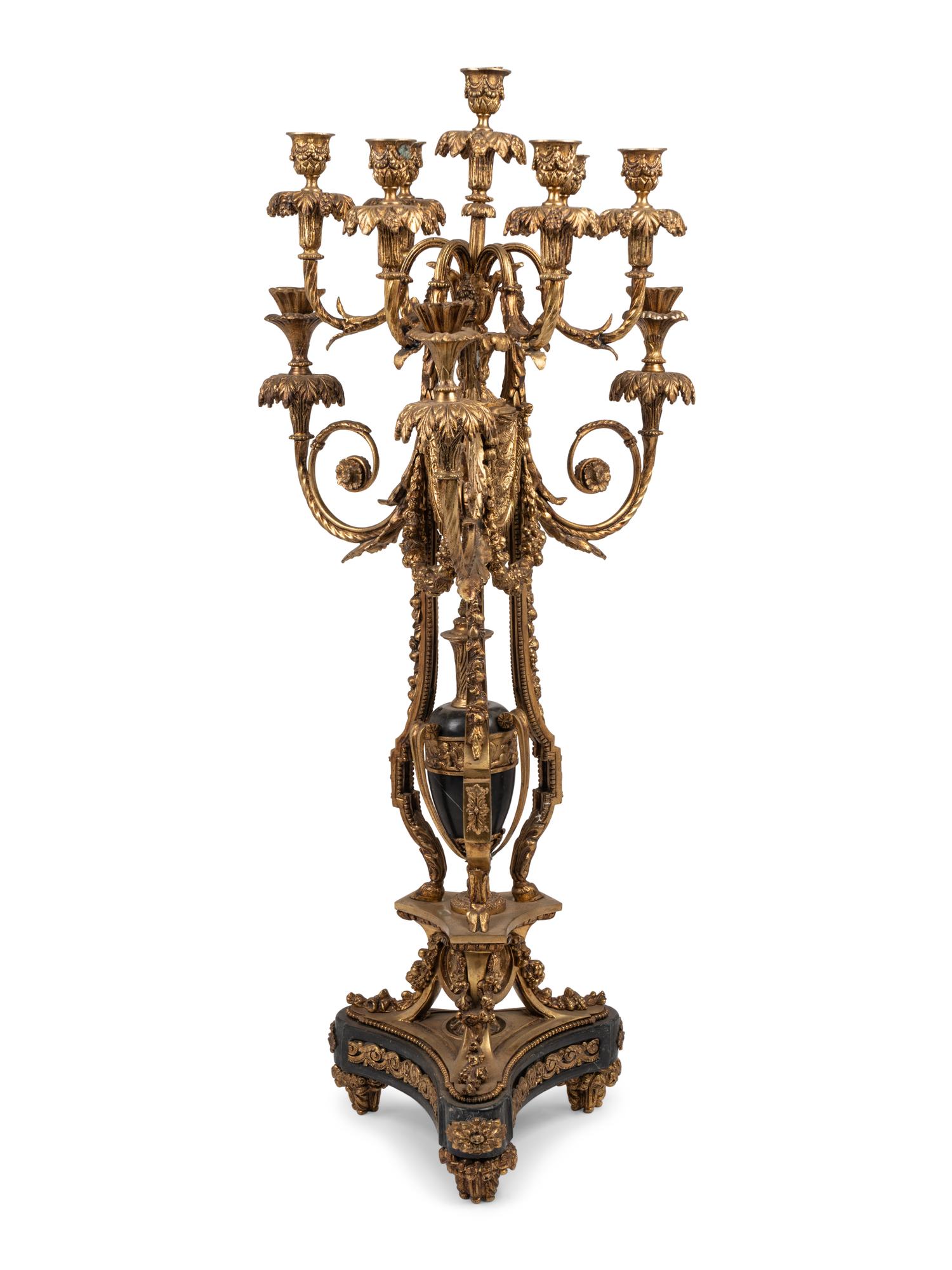 A Louis XV Style Gilt Bronze and Marble Ten-Light Candelabrum