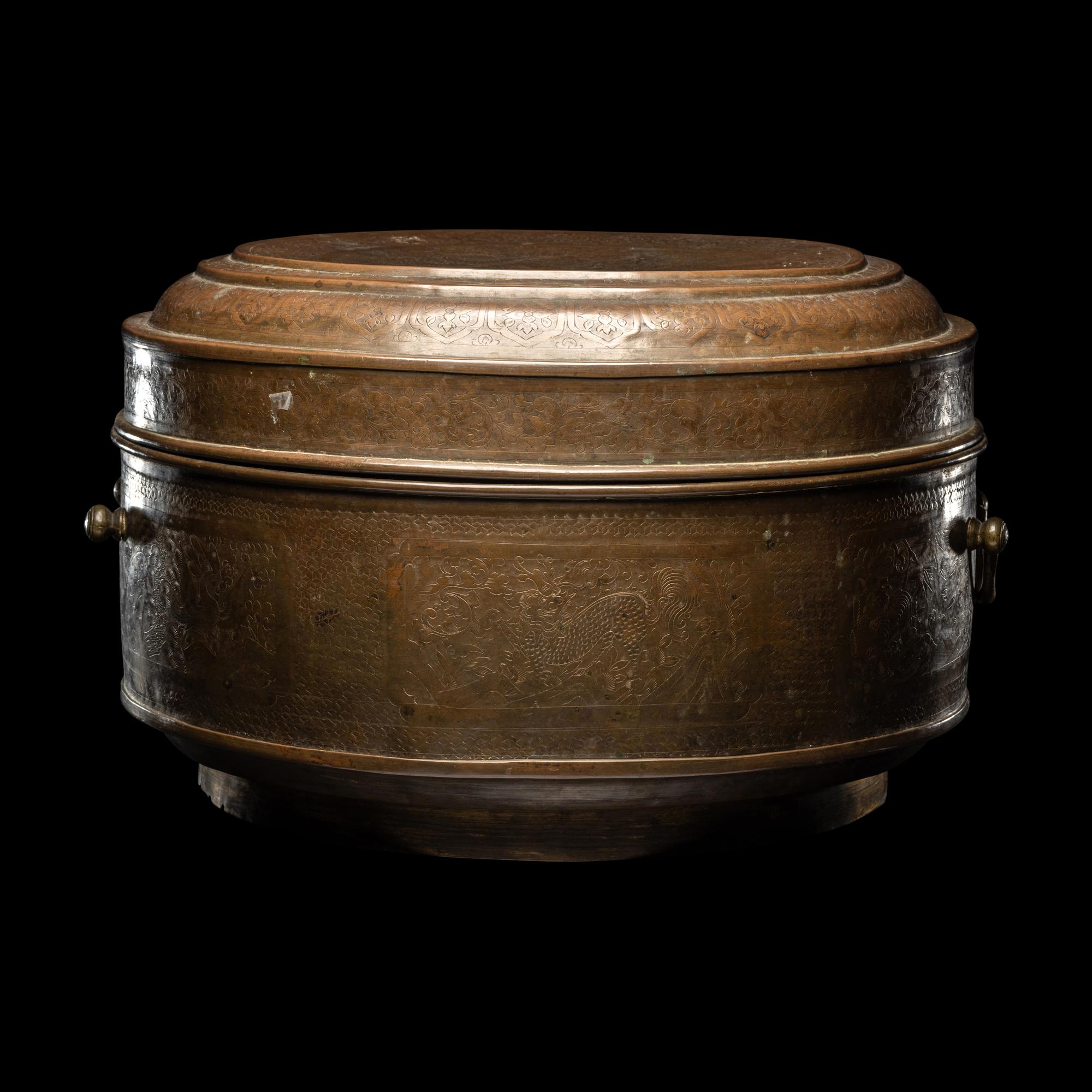 A Large Chinese Chased Brass Covered Box