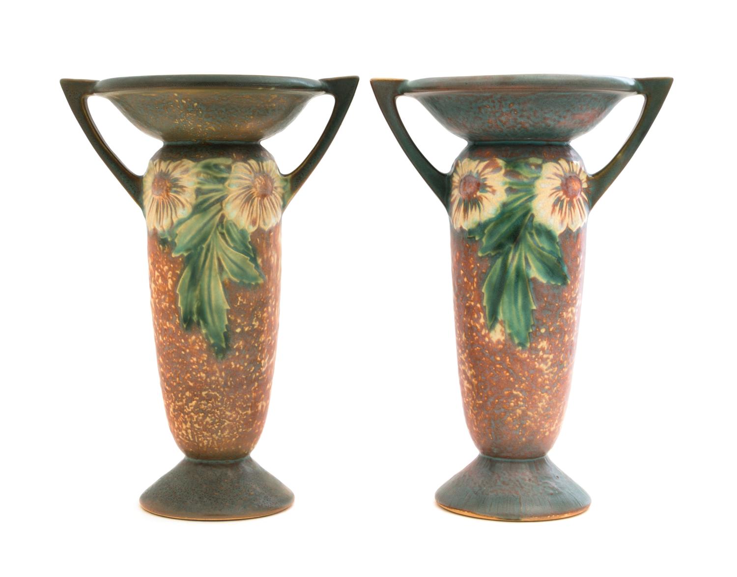 A Pair of Roseville Dahlrose Pottery Vases Height 10 1/4 inches.