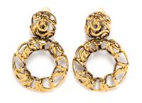 A Pair of Les Bernard Goldtone Large Drop Earclips, 3" x 2.5".