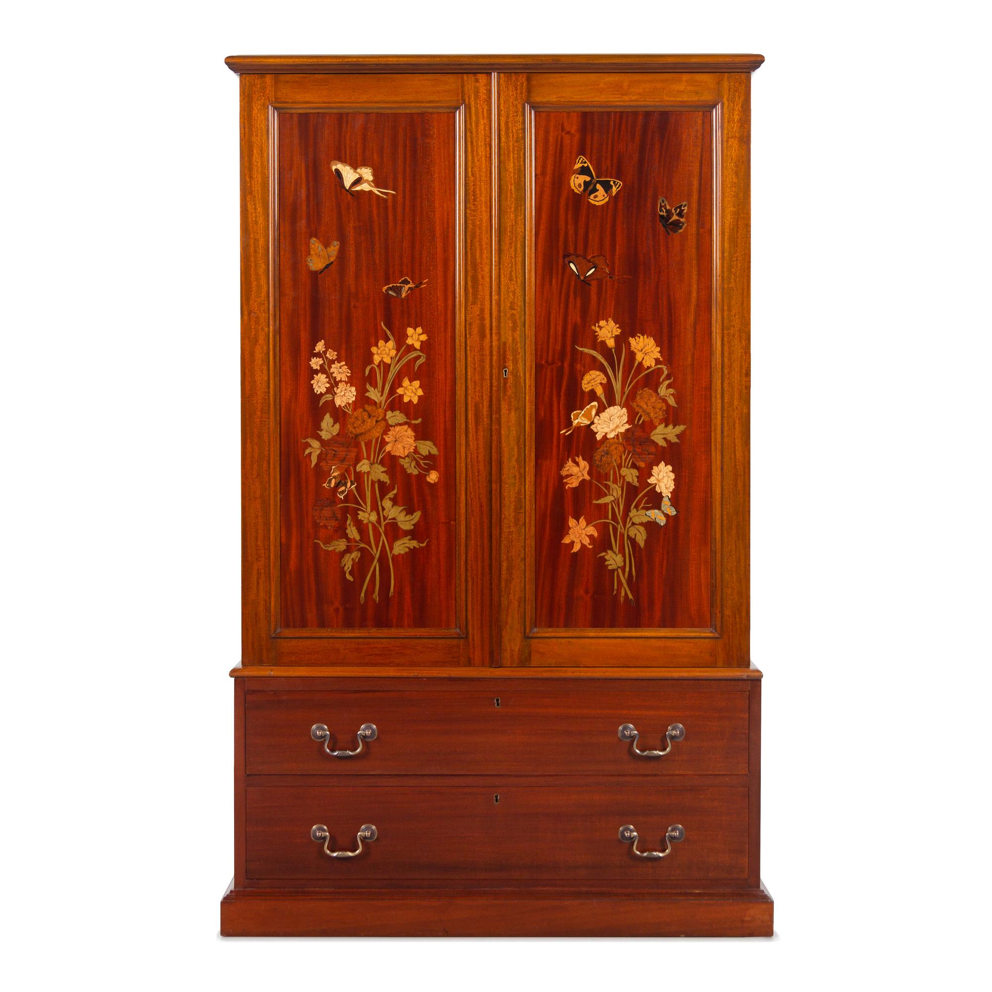 An English Mahogany and Marquetry Butterfly Collector's Cabinet with a Collection of Specimens