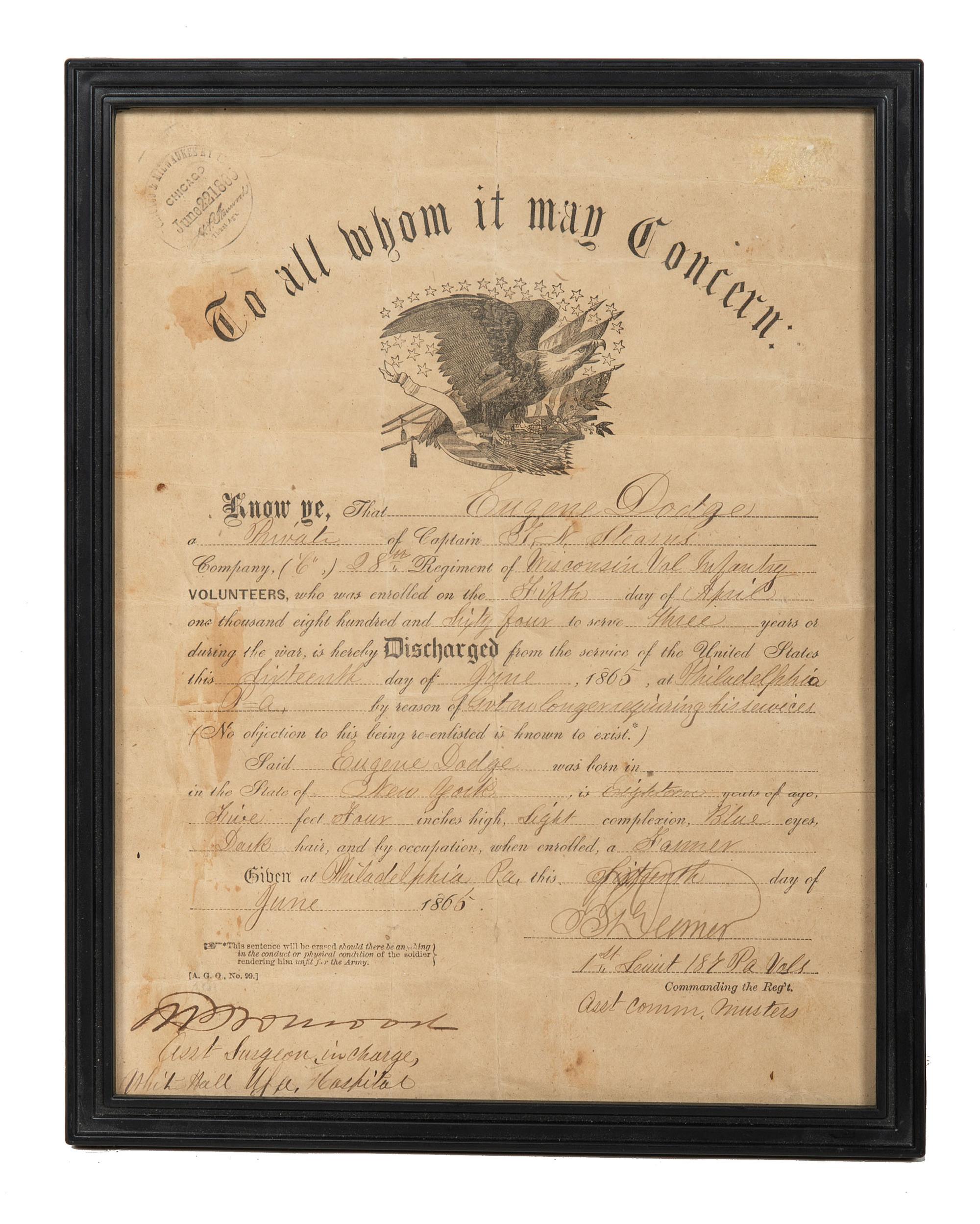 [CIVIL WAR]. A group of 6 Civil War discharge certificates for Wisconsin soldiers, comprising: