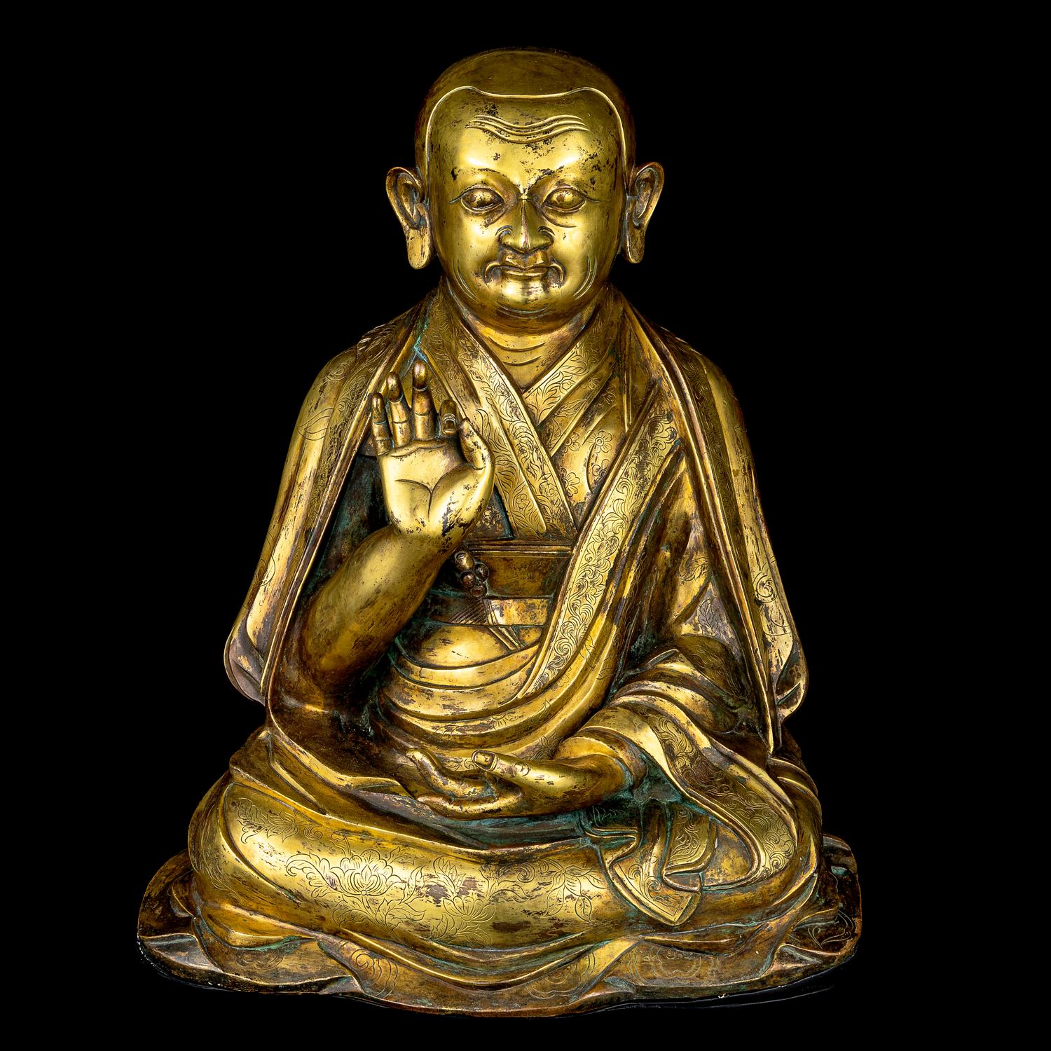A Large Sino-Tibetan Gilt Bronze Figure of a Lama 巨型銅鎏金上師坐像