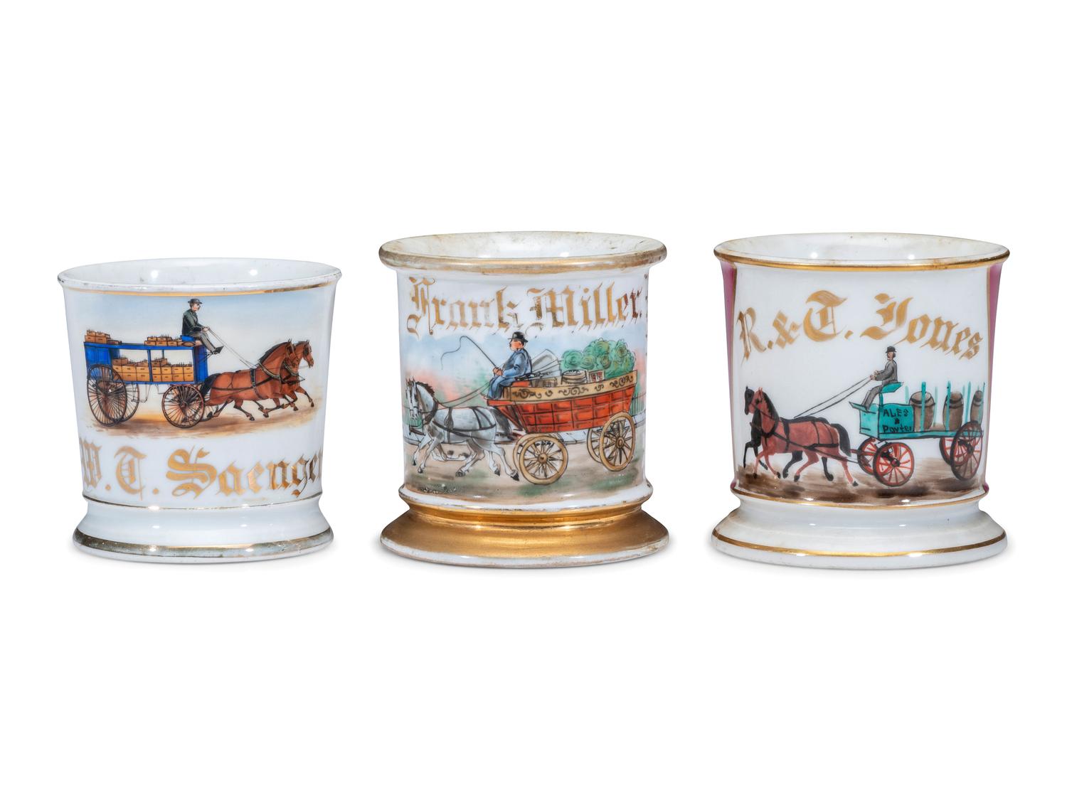 Three Porcelain Occupational Shaving Mugs Depicting Horse-Drawn Delivery Wagons