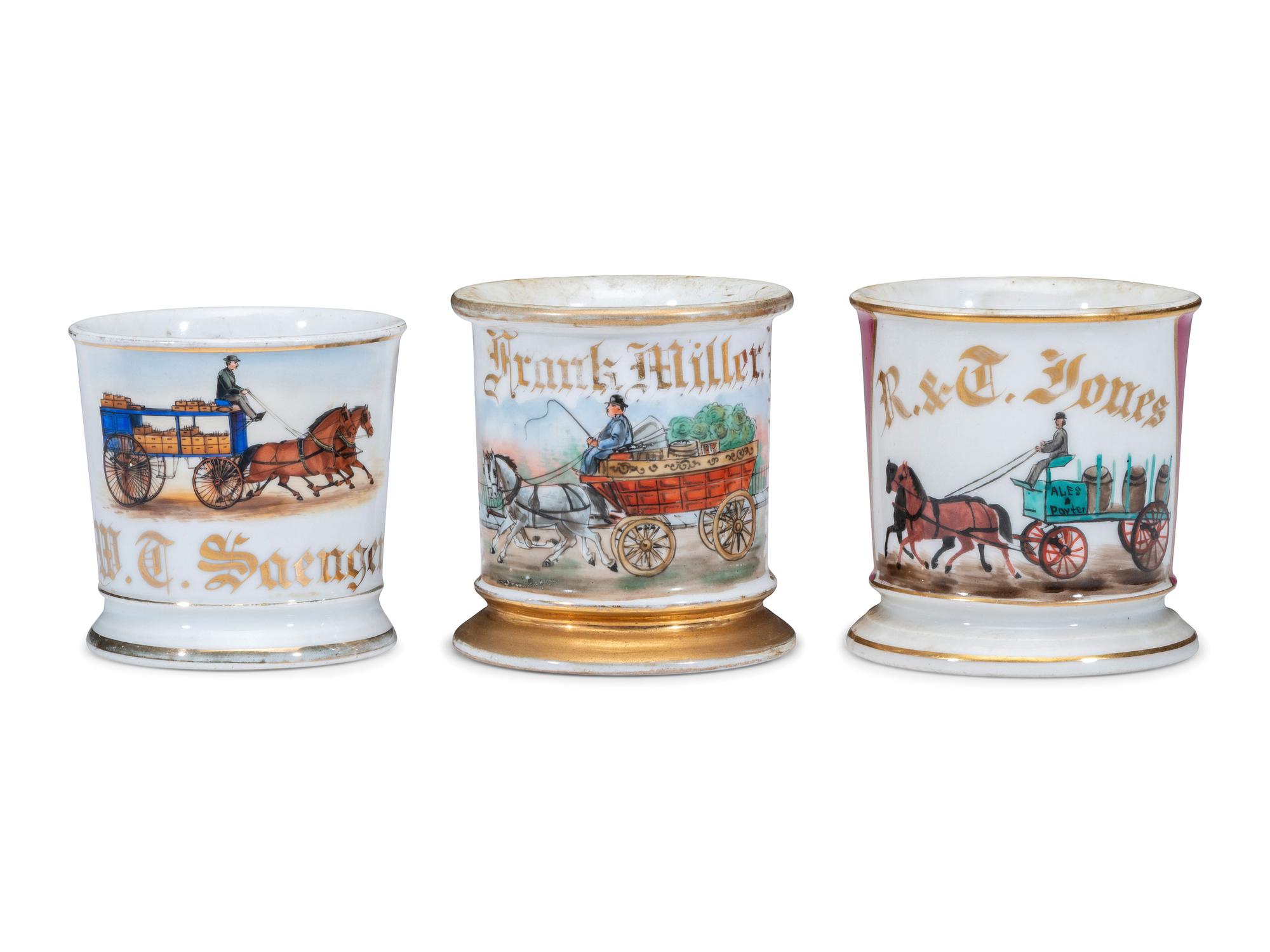 Three Porcelain Occupational Shaving Mugs Depicting Horse-Drawn Delivery Wagons