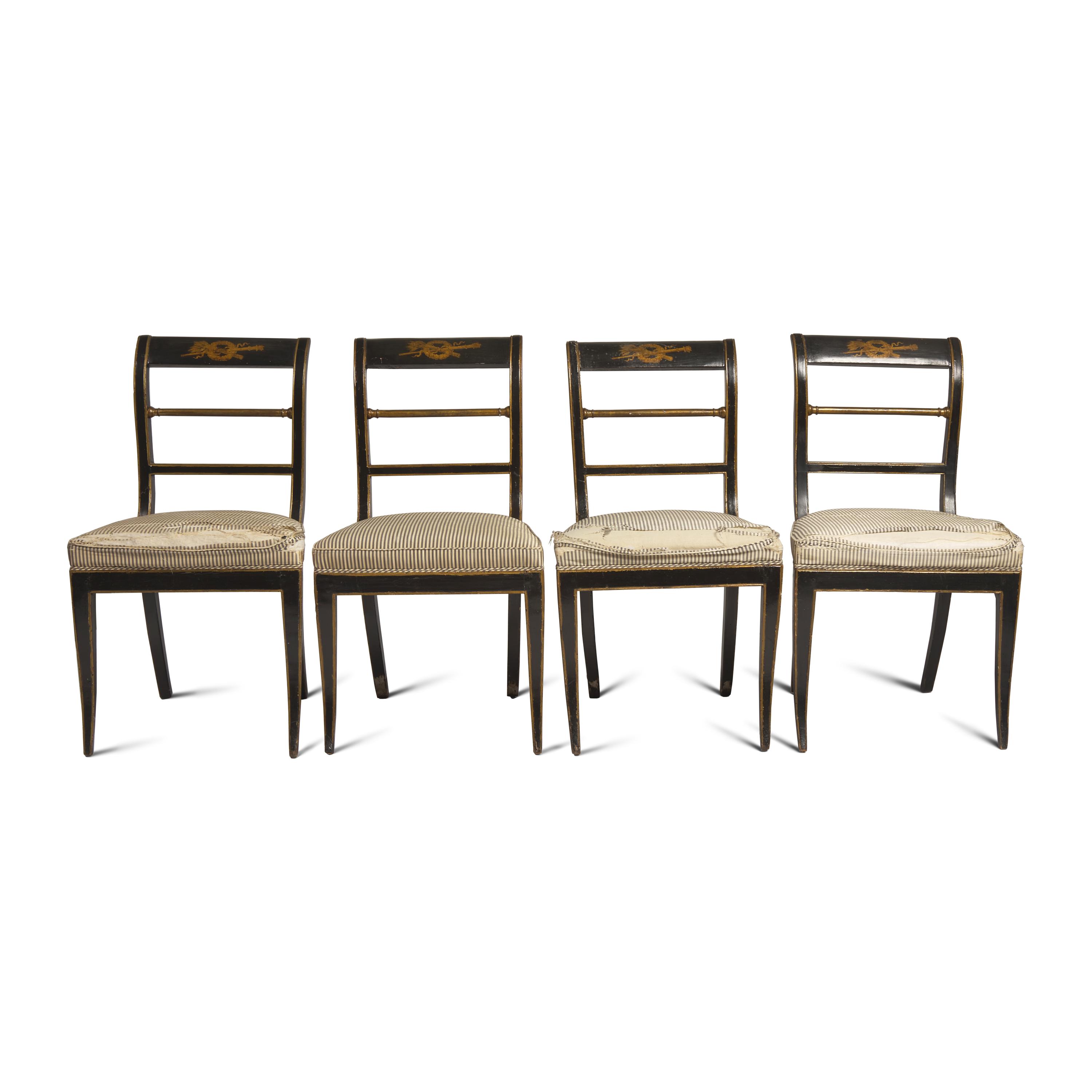 A Set of Four Classical Painted and Stenciled Klismos Side Chairs