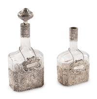 Two Silver Mounted Etched Glass Decanters
