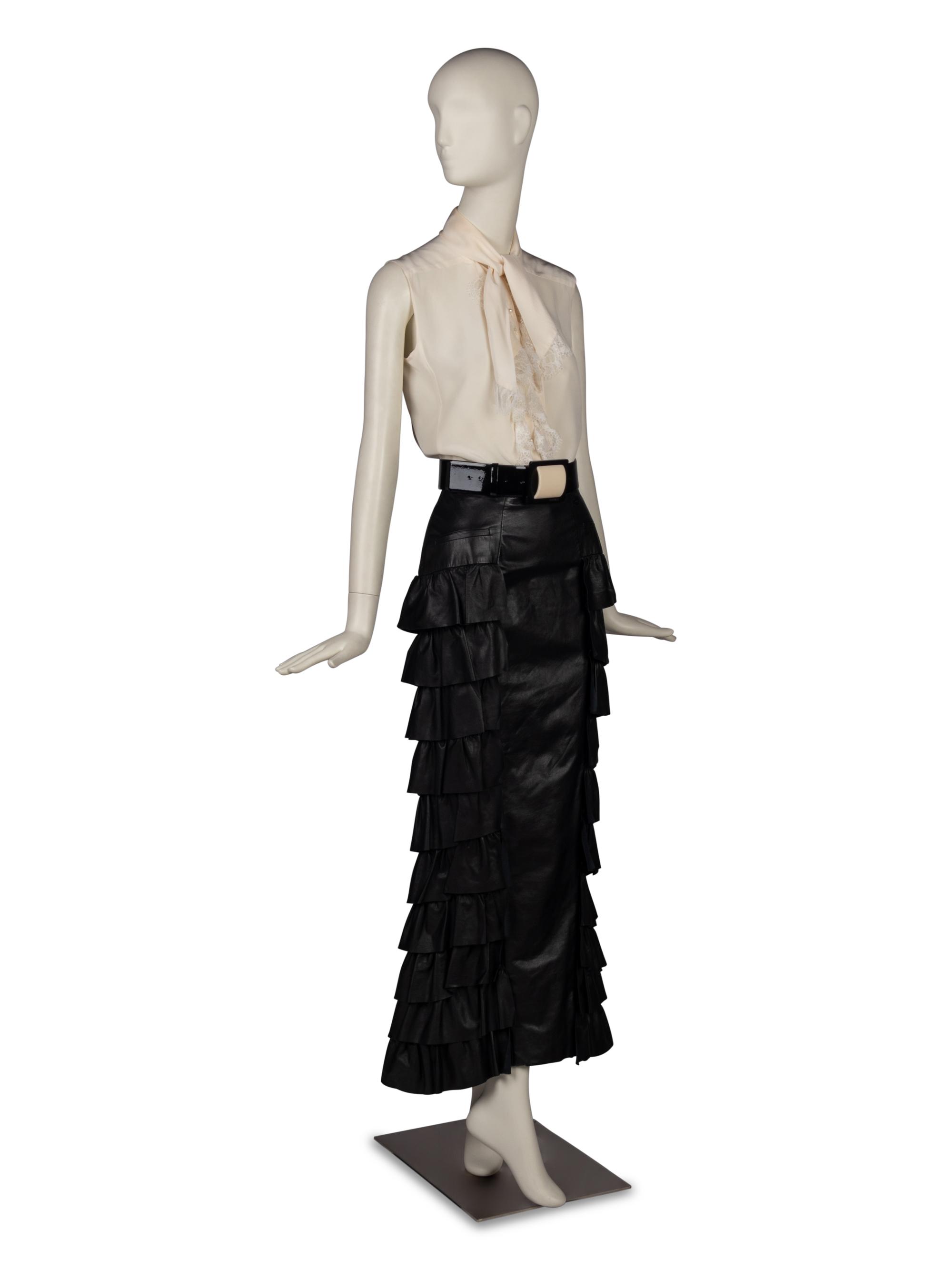 Chanel Black Leather Skirt, Ivory Top, and Belt