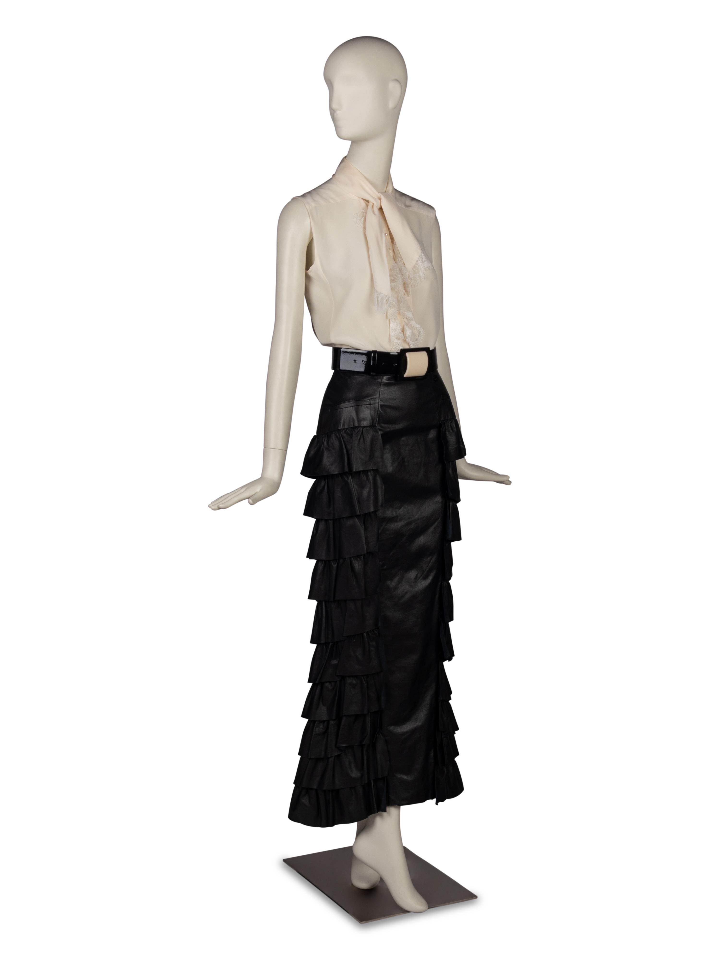 Chanel Black Leather Skirt, Ivory Top, and Belt