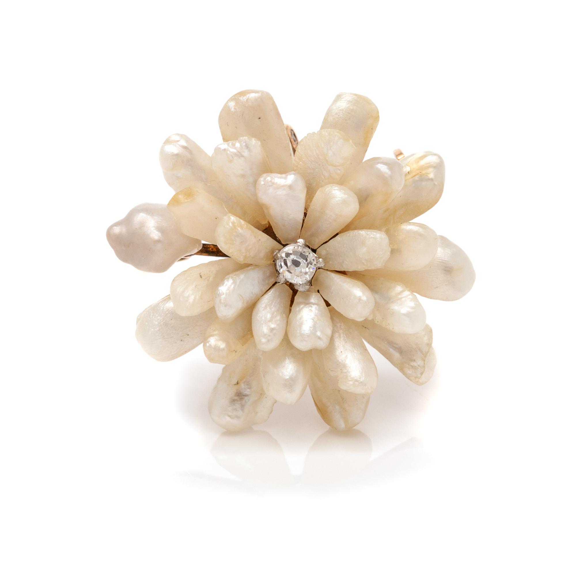 An Art Nouveau 14 Karat Yellow Gold, River Pearl and Diamond Chrysanthemum Pendant/Brooch, 3.10 dwts.