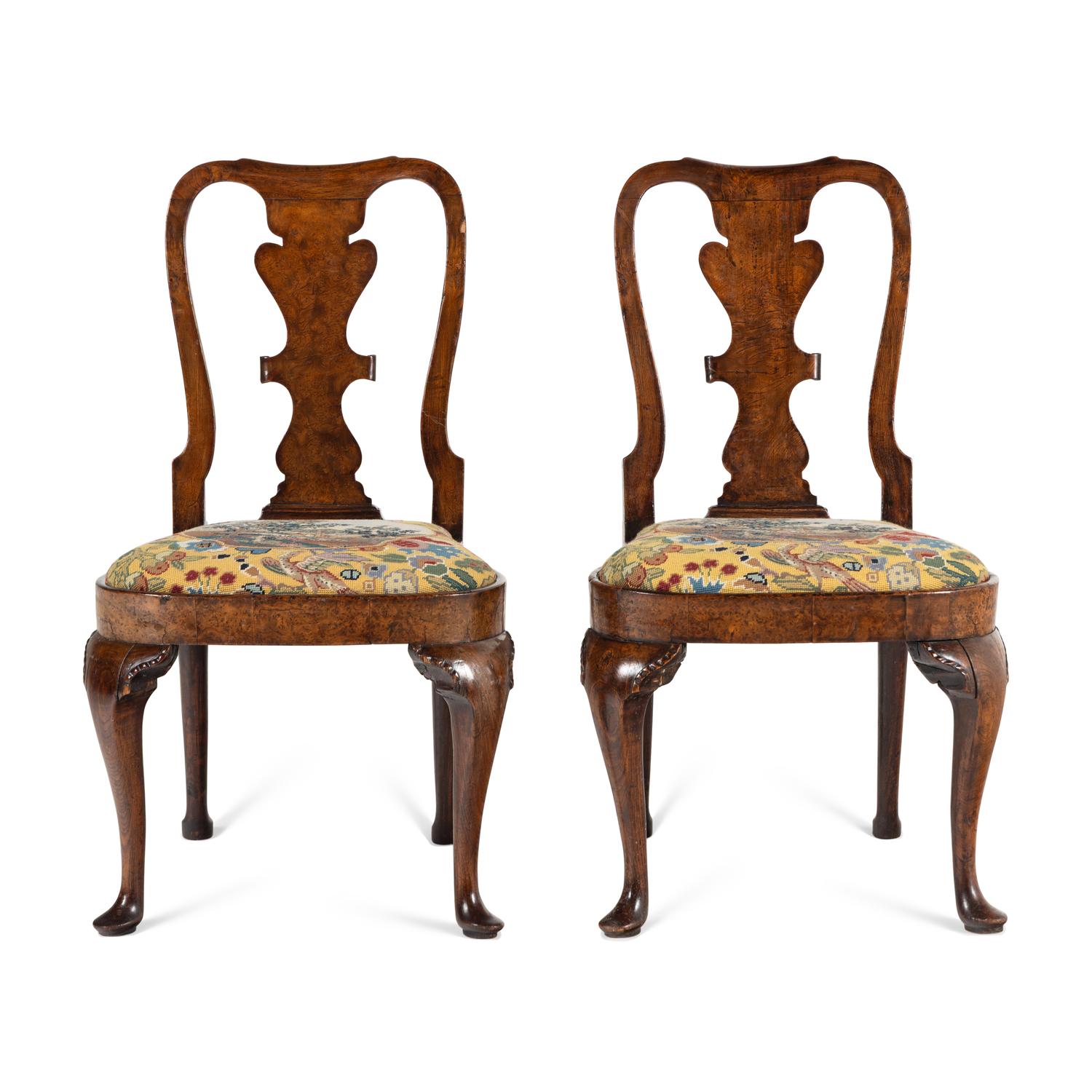 A Pair of George II Burl Walnut Side Chairs