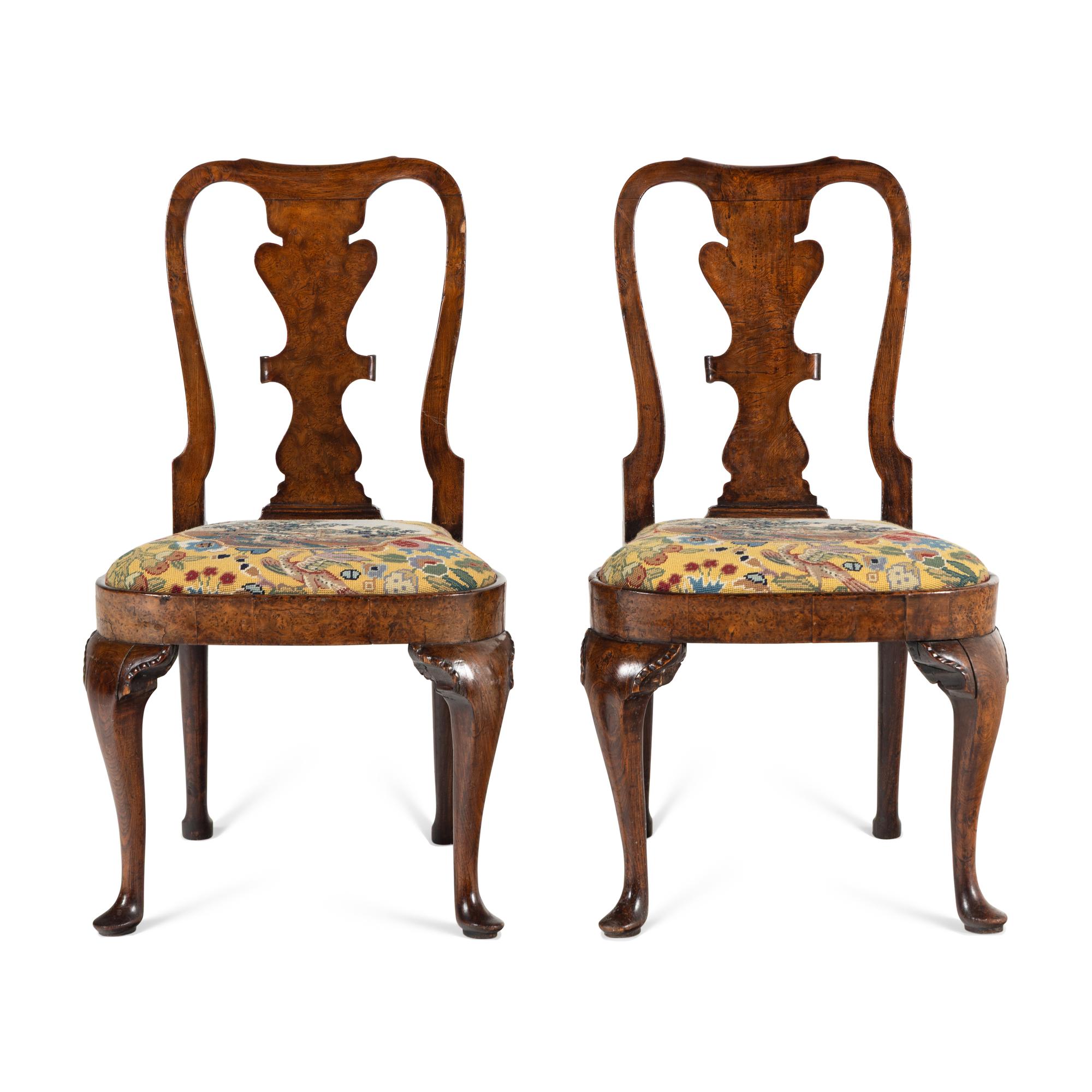 A Pair of George II Burl Walnut Side Chairs