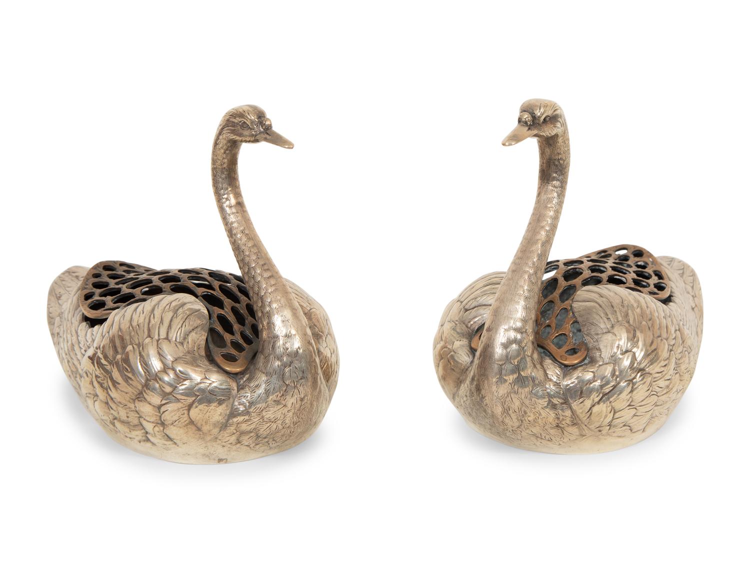 A Pair of American Silver Swan Table Ornaments