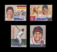 A Group of Four Ken Karl Original Hand Drawn Stan Musial Sketch Baseball Cards with Musial Signed Autograph Stickers