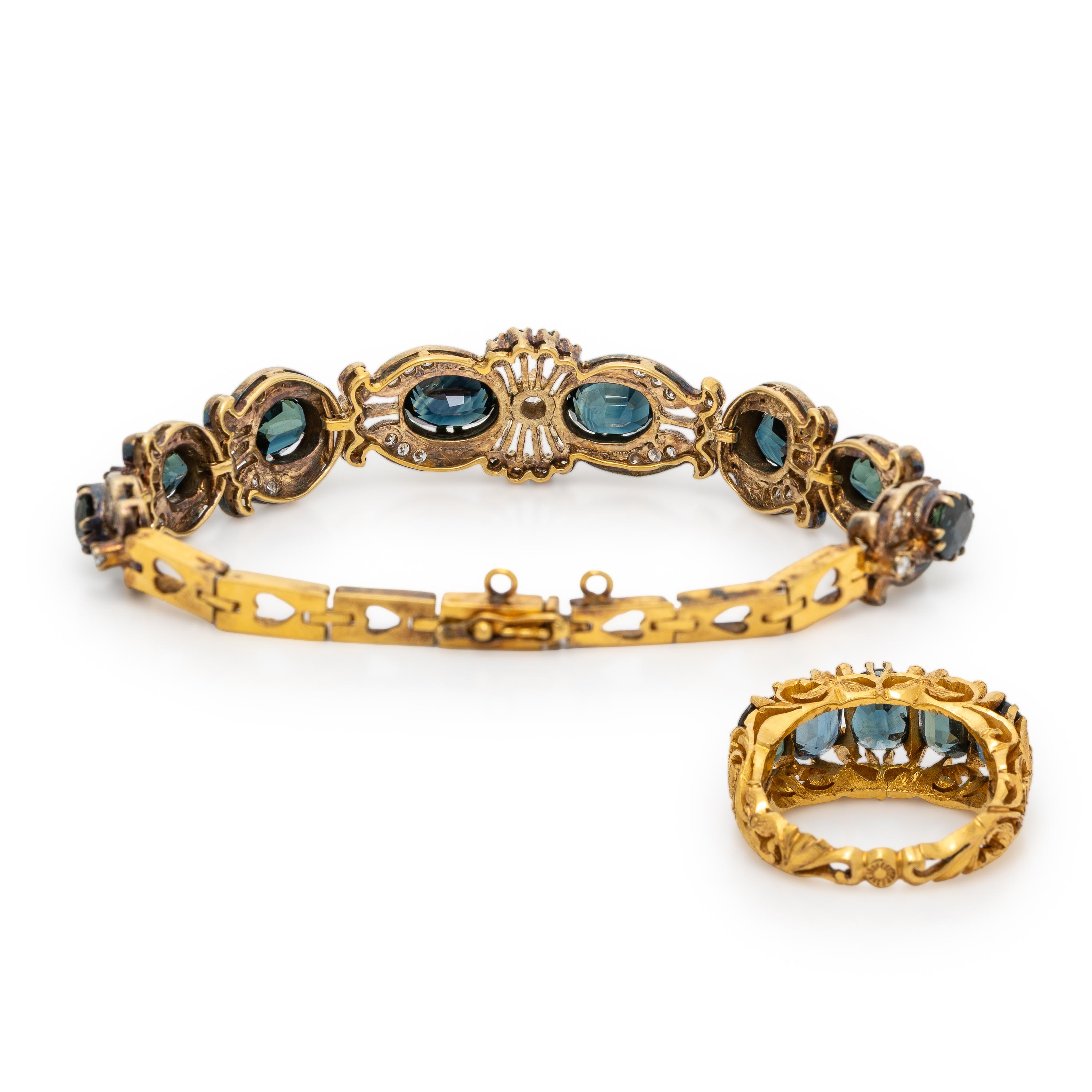 Sapphire, Diamond, and Yellow Gold Ring and Bracelet