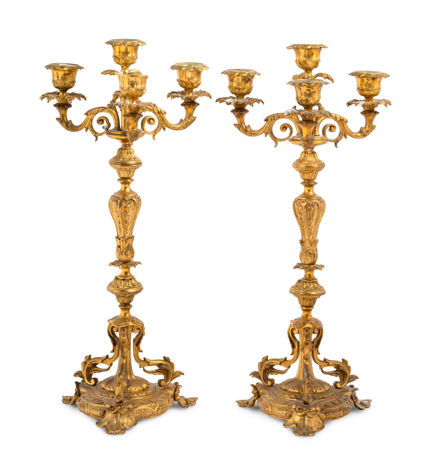 A Pair of Continental Gilt Metal Four-Light Candelabra