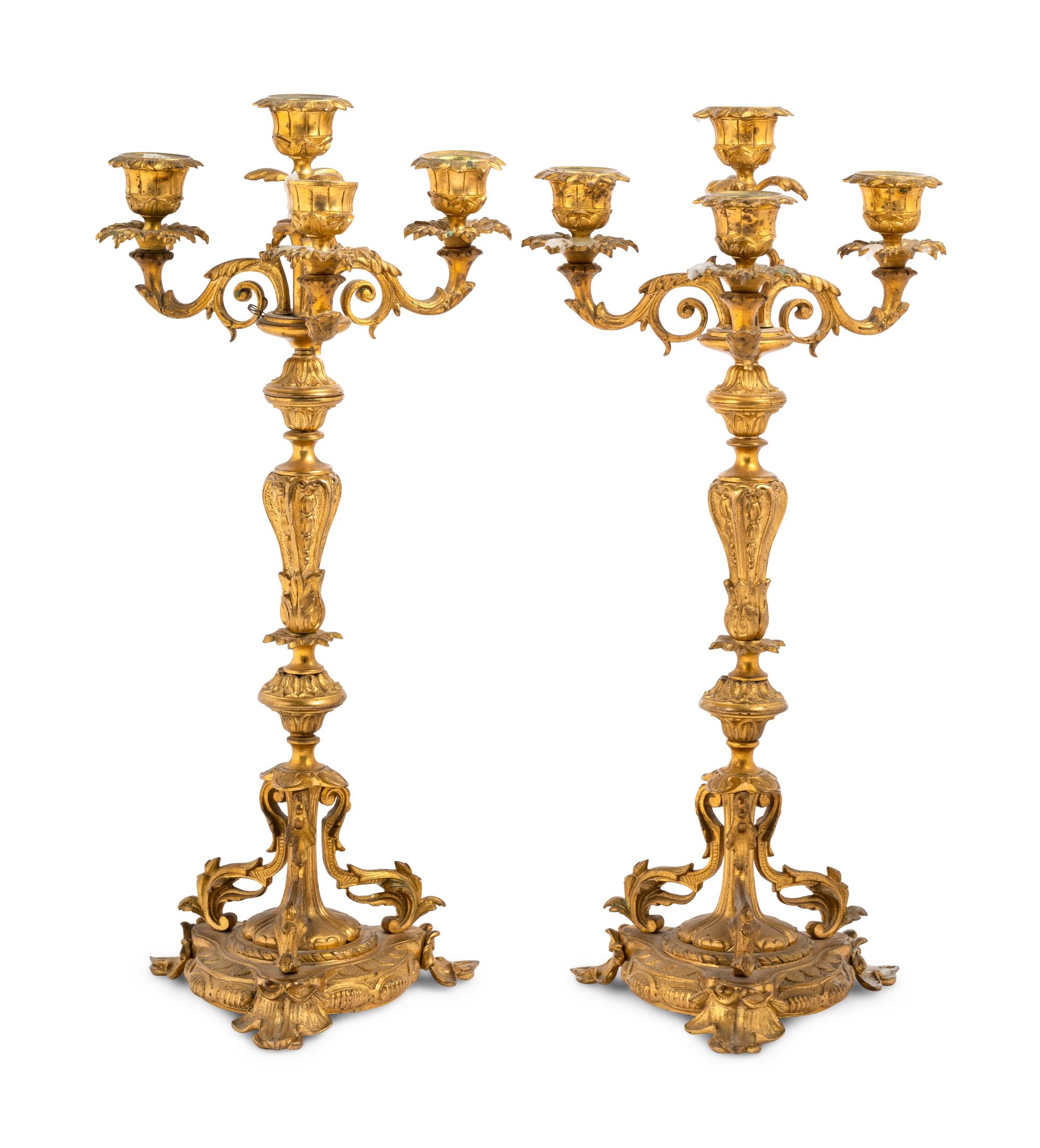 A Pair of Continental Gilt Metal Four-Light Candelabra