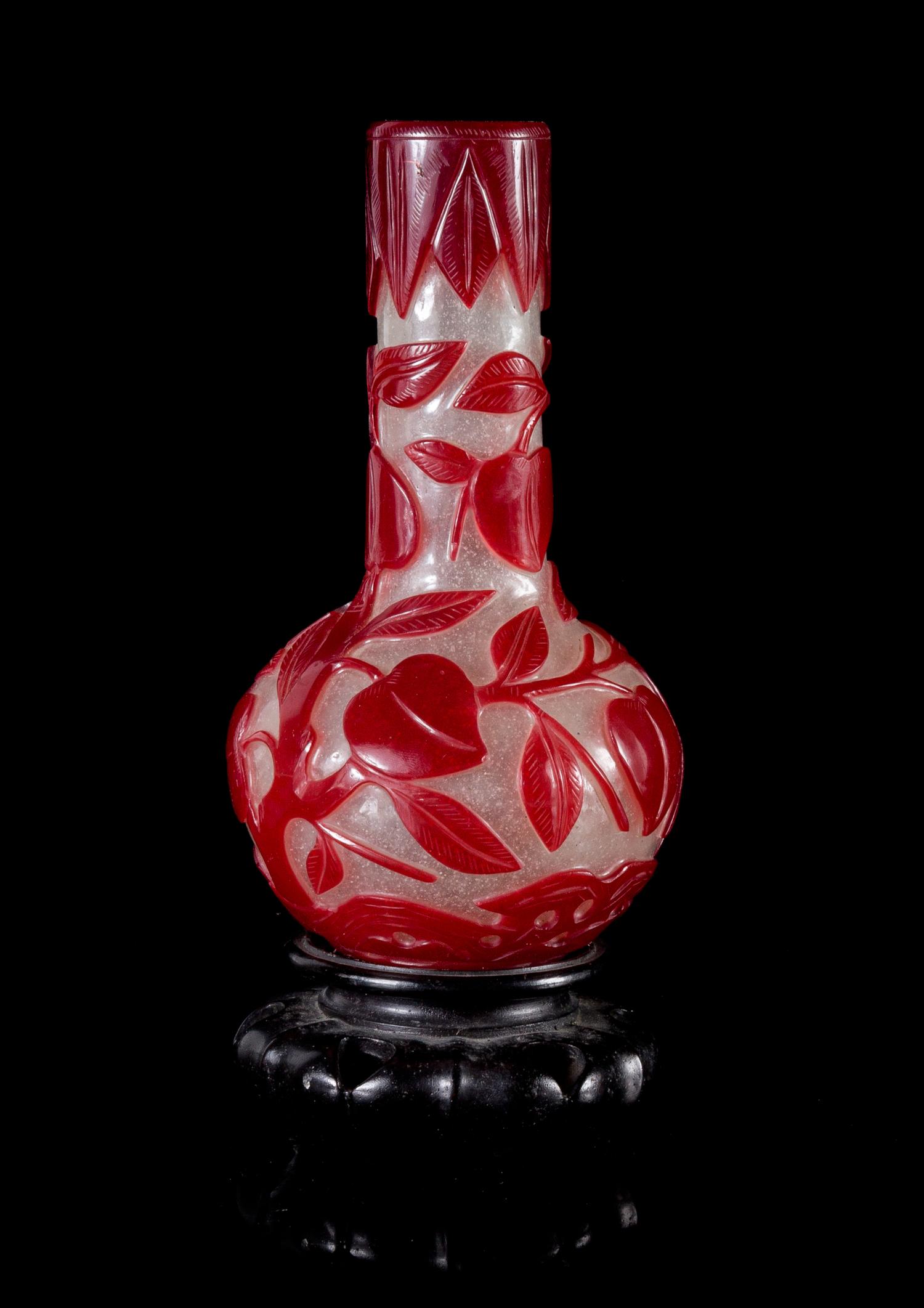 A Red Overlay Snowflake Ground Peking Glass Vase Height 6 3/4 inches.