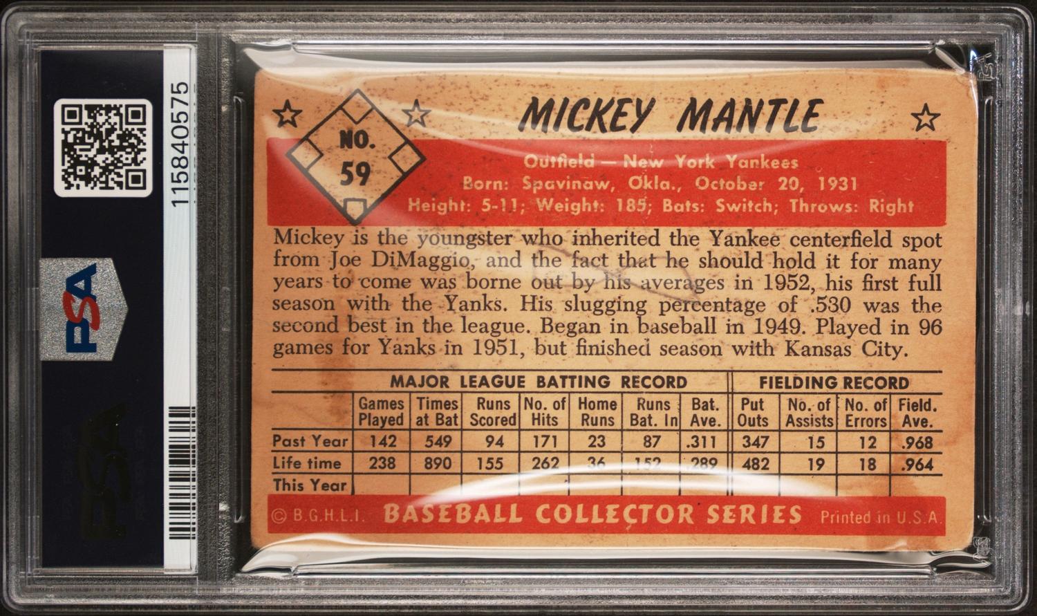 A 1953 Bowman Color Mickey Mantle Baseball Card No. 59 (PSA 1 MK)