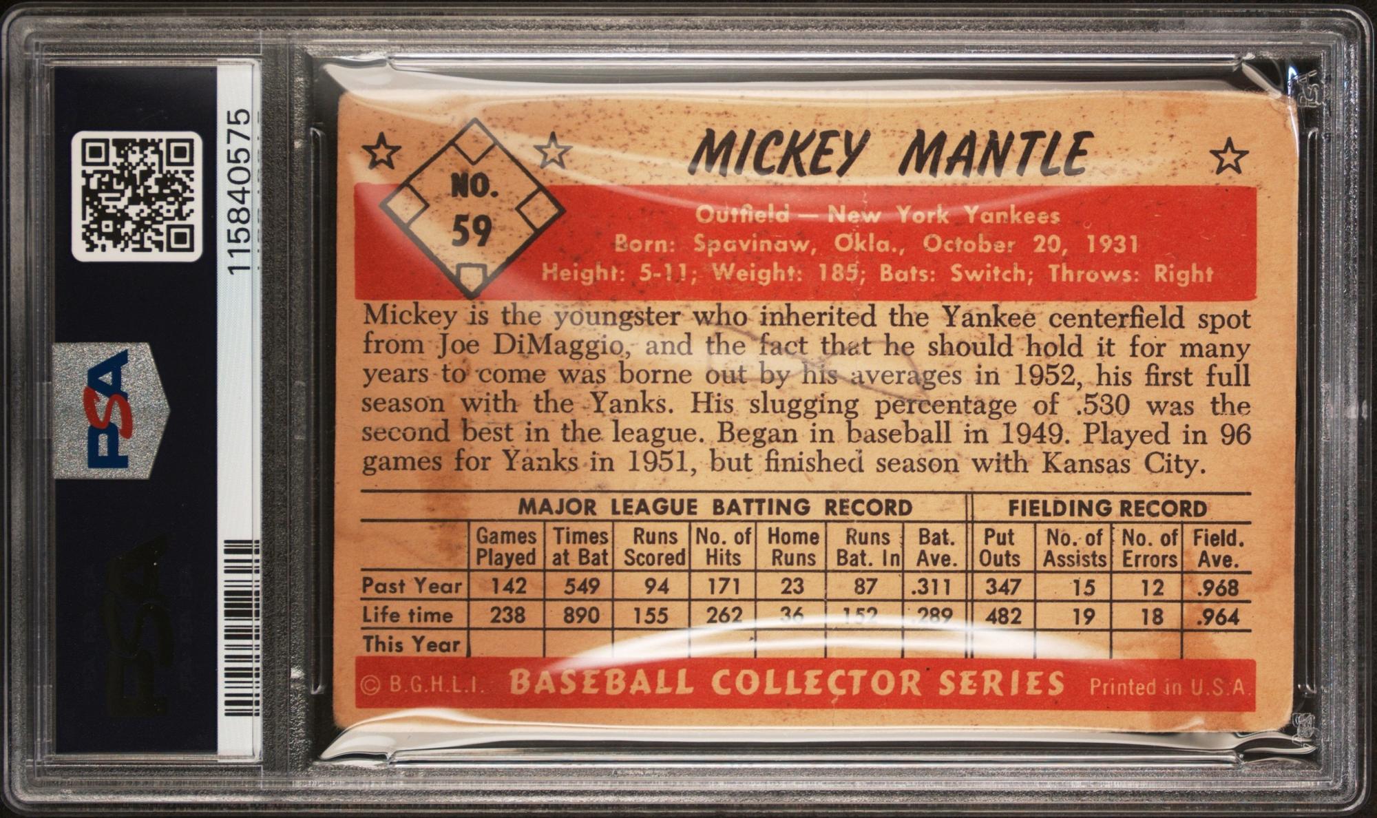 A 1953 Bowman Color Mickey Mantle Baseball Card No. 59 (PSA 1 MK)