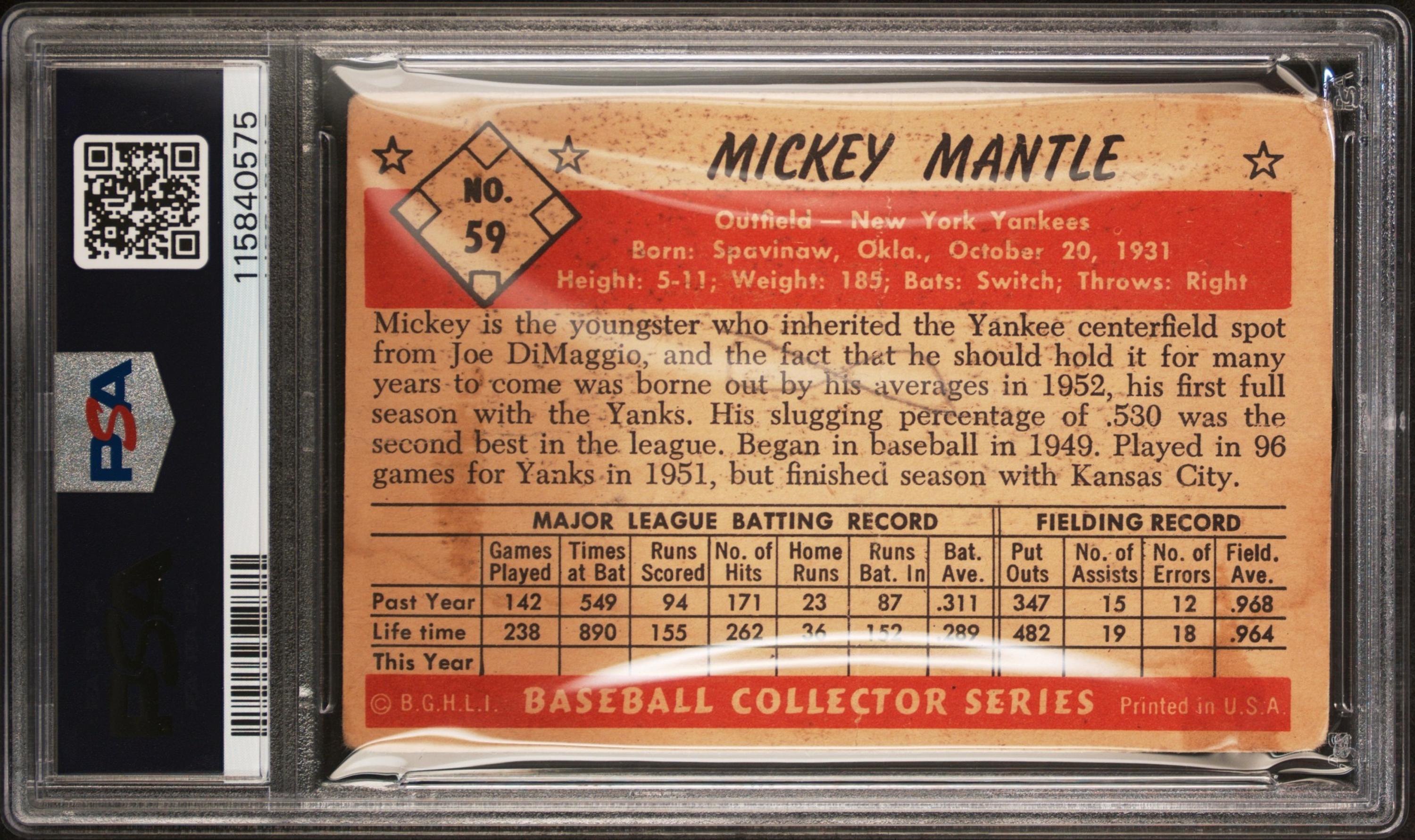 A 1953 Bowman Color Mickey Mantle Baseball Card No. 59 (PSA 1 MK)