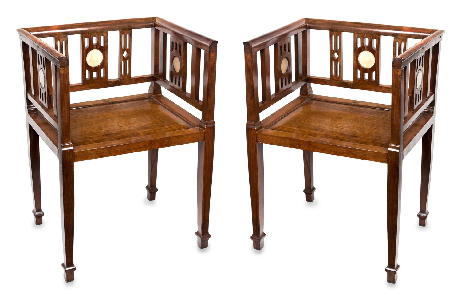 A Pair of Marble-Inset Hardwood Armchairs Height 30 inches. — 20TH CENTURY