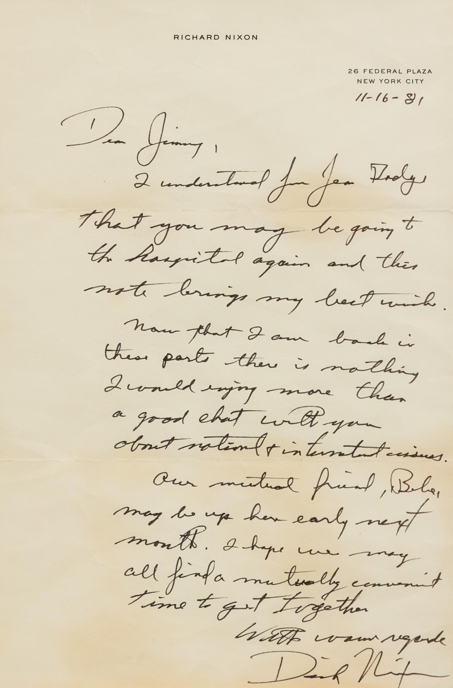 NIXON, Richard (1913-1994). Autograph letter signed ("Dick Nixon"), to James Crosby. New York, 16 November 1981.