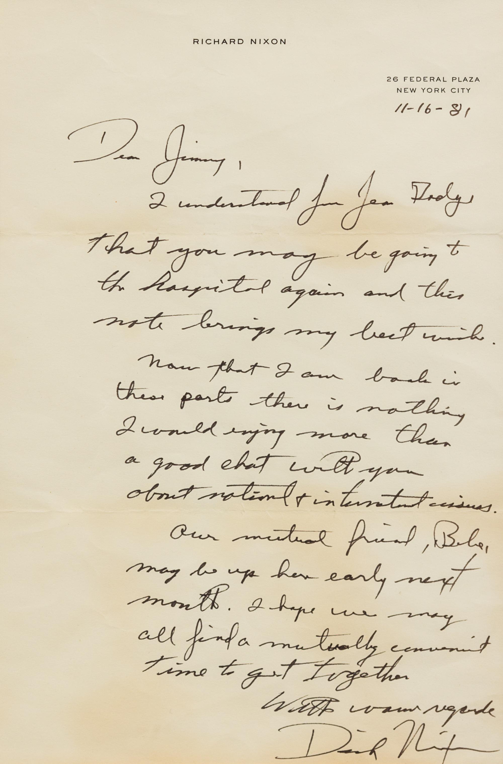 NIXON, Richard (1913-1994). Autograph letter signed ("Dick Nixon"), to James Crosby. New York, 16 November 1981.