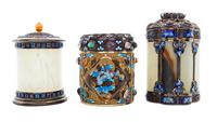 A Group of Three Enameled Hardstone and Gilt Silver Vessels Height of first 6 1/2 inches.