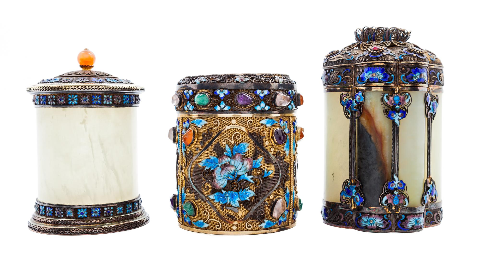 A Group of Three Enameled Hardstone and Gilt Silver Vessels Height of first 6 1/2 inches.