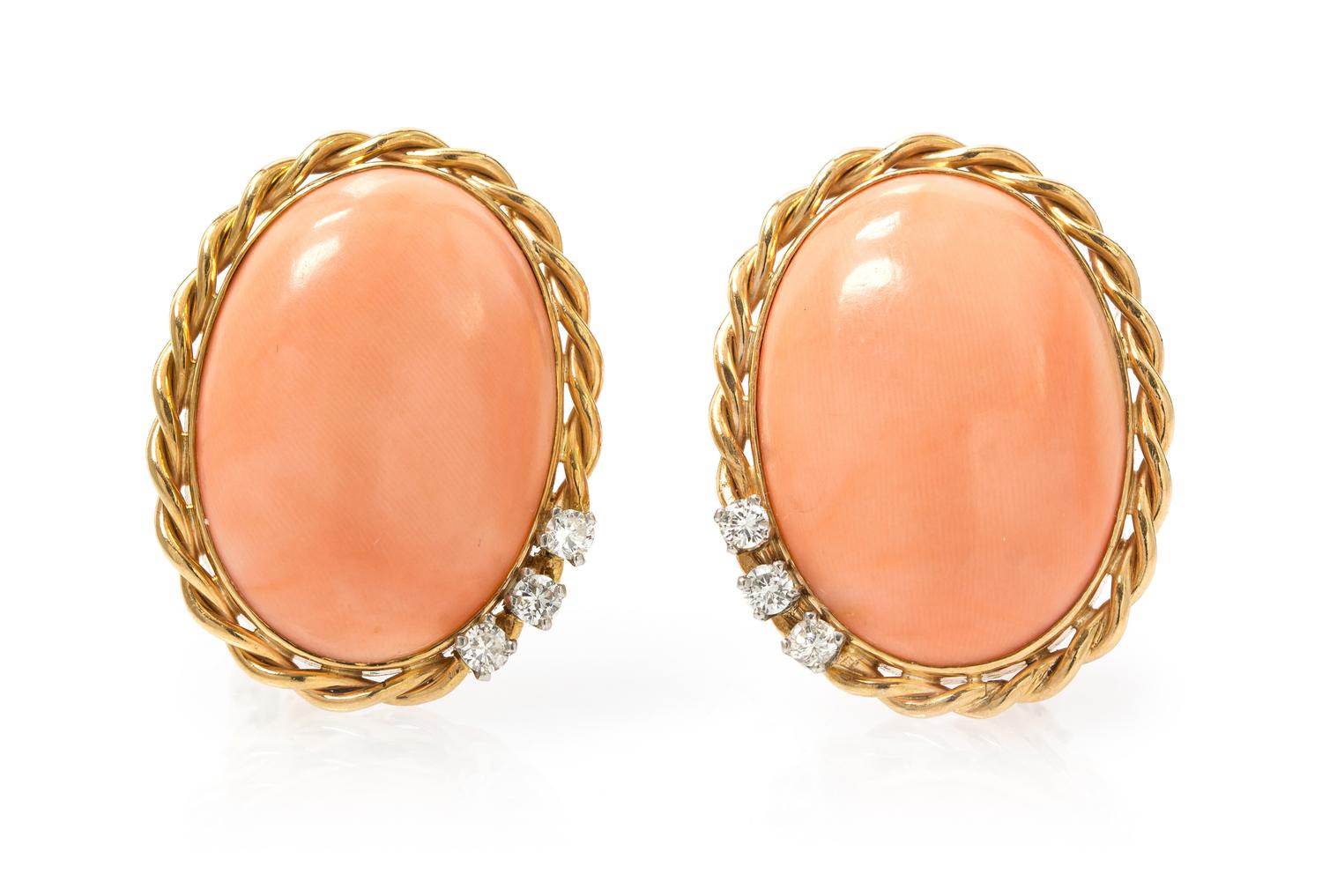 A Pair of Rose Gold, Coral and Diamond Earclips, 10.80 dwts.
