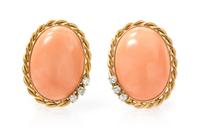 A Pair of Rose Gold, Coral and Diamond Earclips, 10.80 dwts.