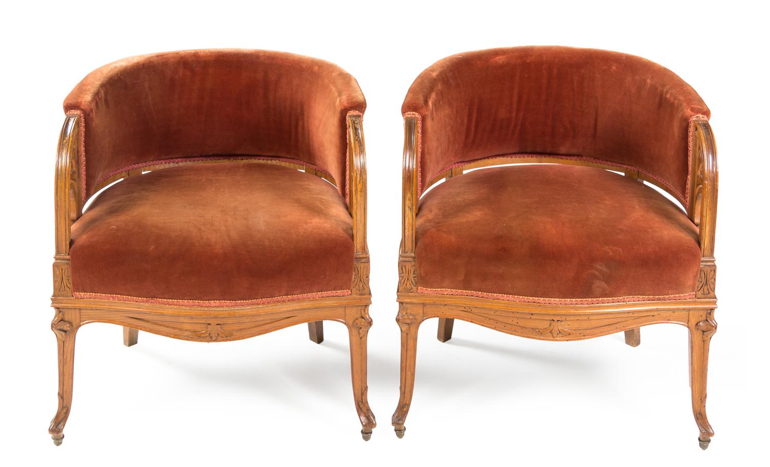 A Pair of Art Nouveau Club Chairs Height 26 x width 25 x depth 17 1/2 x seat height 17 inches — EARLY 20TH CENTURY