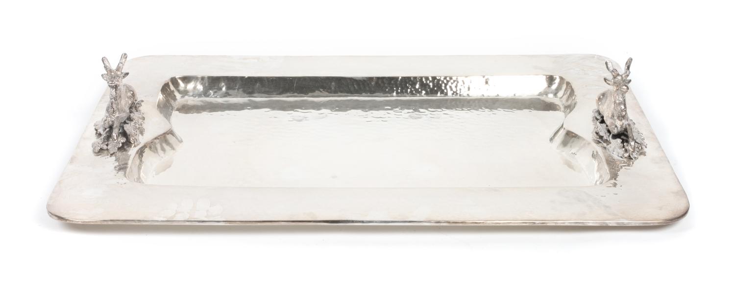 A Silver Plated Tray Mounted with Stag Shaped Handles Height 5 x width 29 x depth 20 inches.