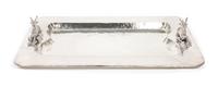 A Silver Plated Tray Mounted with Stag Shaped Handles Height 5 x width 29 x depth 20 inches.