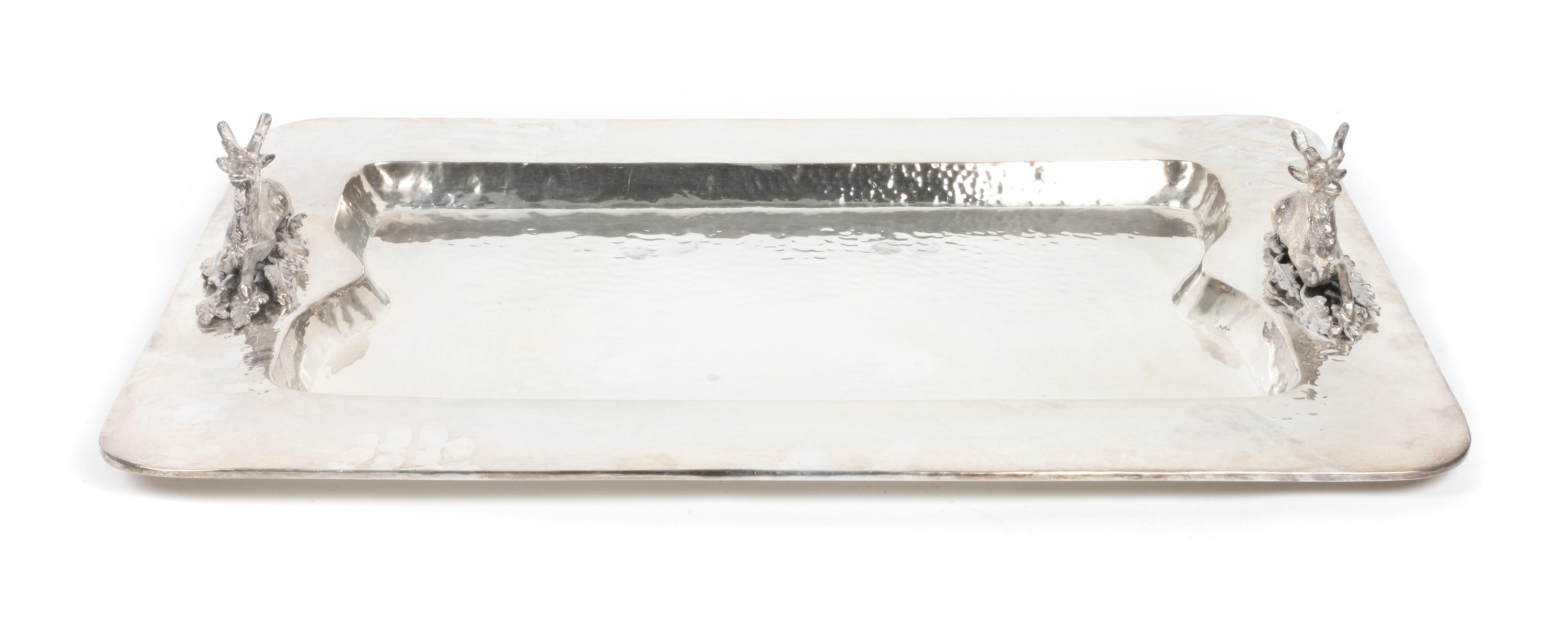 A Silver Plated Tray Mounted with Stag Shaped Handles Height 5 x width 29 x depth 20 inches.