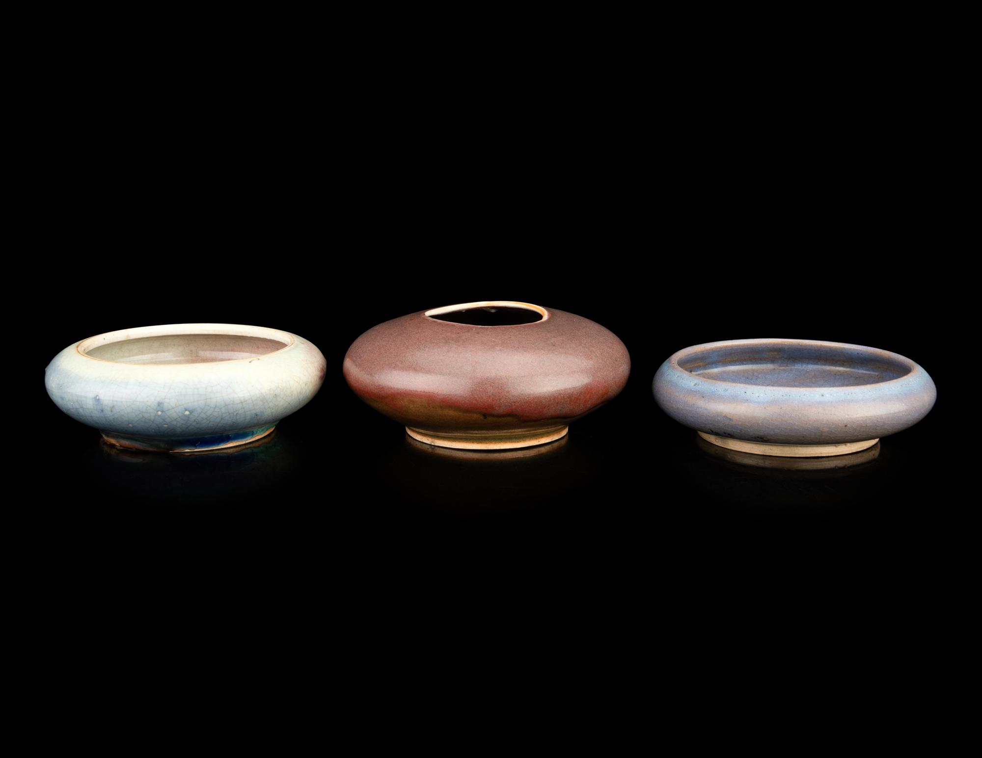 Three Porcelain Monochrome Glazed Circular Brush Washers
