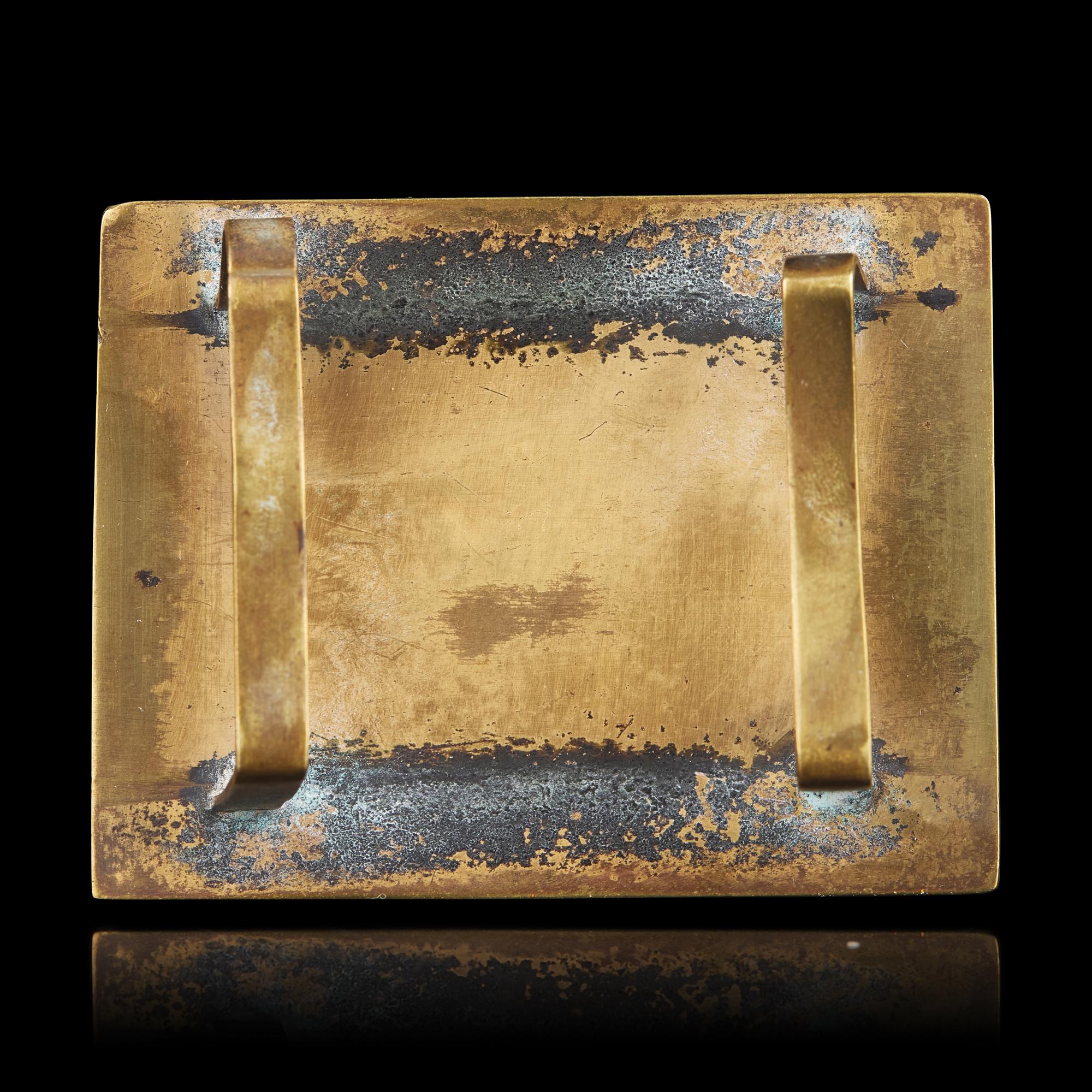 A Chinese Jade Inset Metal Mounted Buckle, Ming-Qing Dynasty 明-清 白玉穿花龍紋帶板