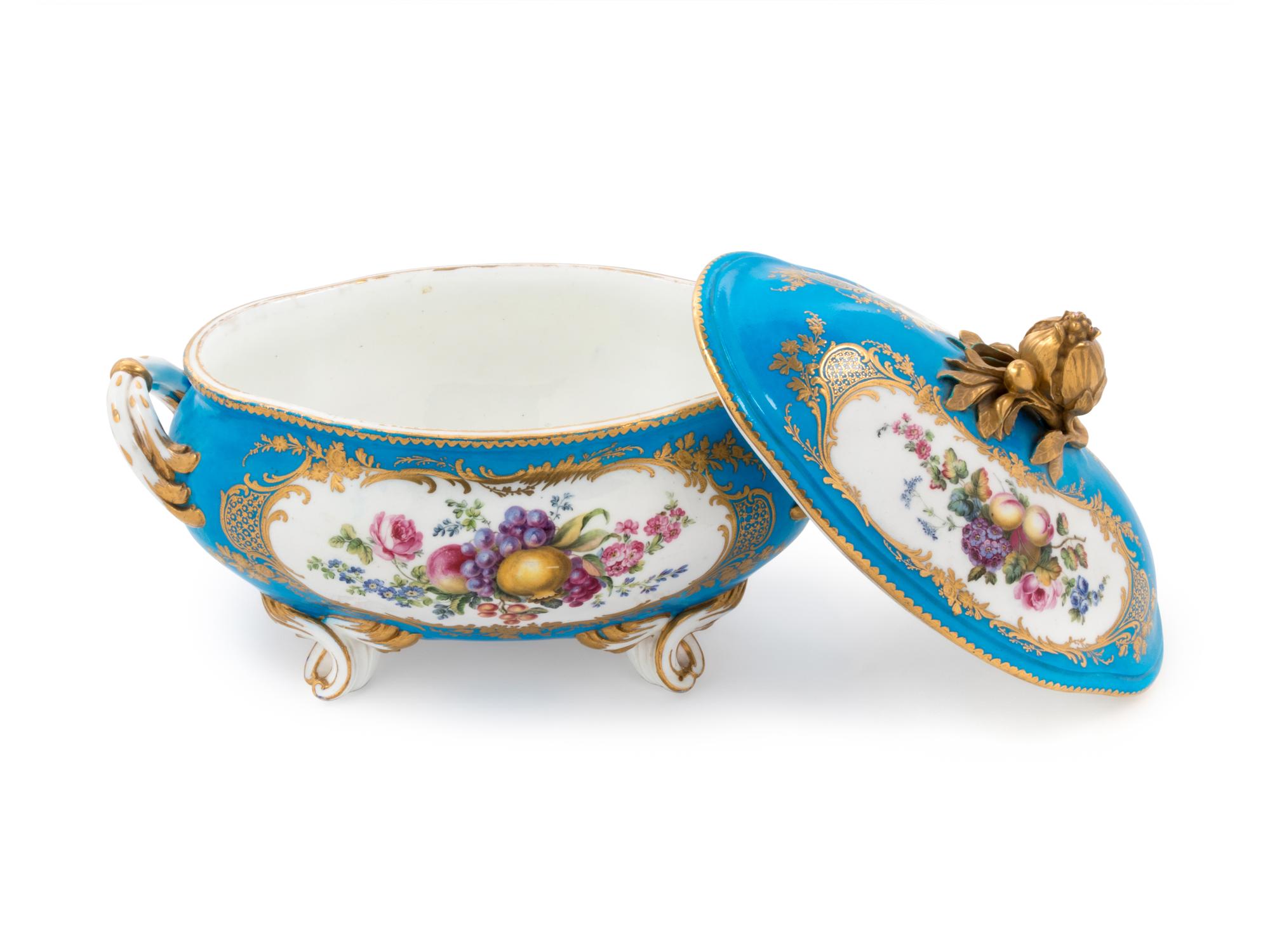 A Sèvres Painted and Parcel Gilt Turquoise-Ground Porcelain Covered Tureen
