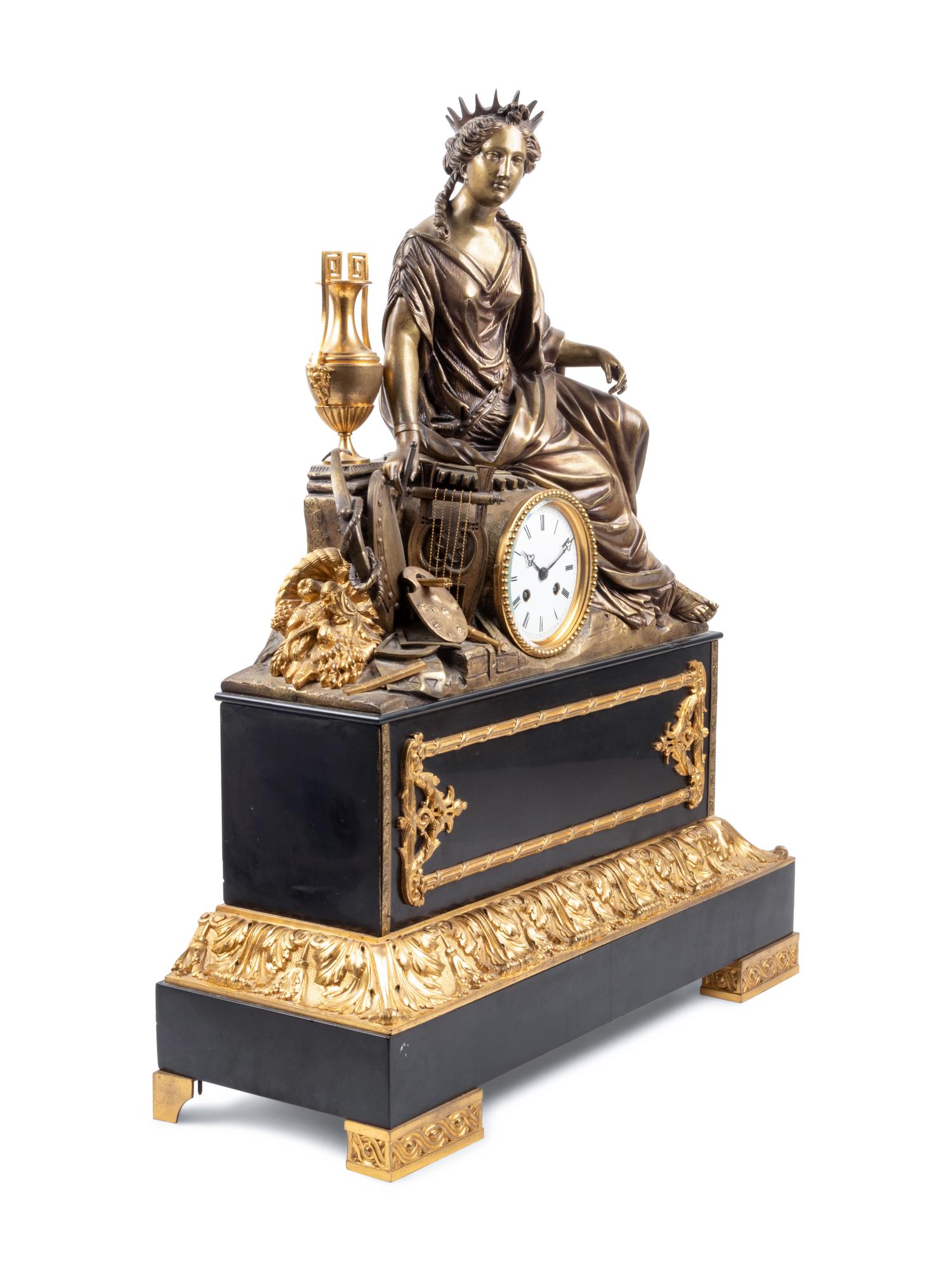 An Empire Style Gilt and Patinated Bronze Figural Mantel Clock
