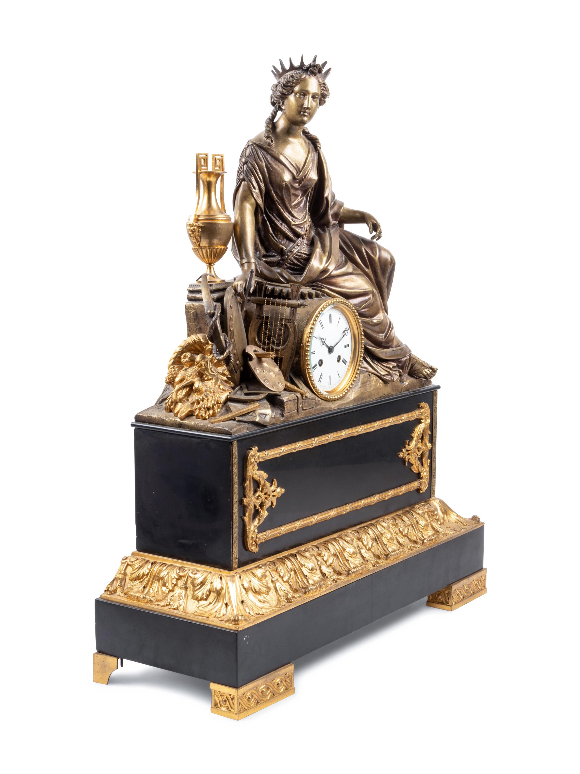 An Empire Style Gilt and Patinated Bronze Figural Mantel Clock