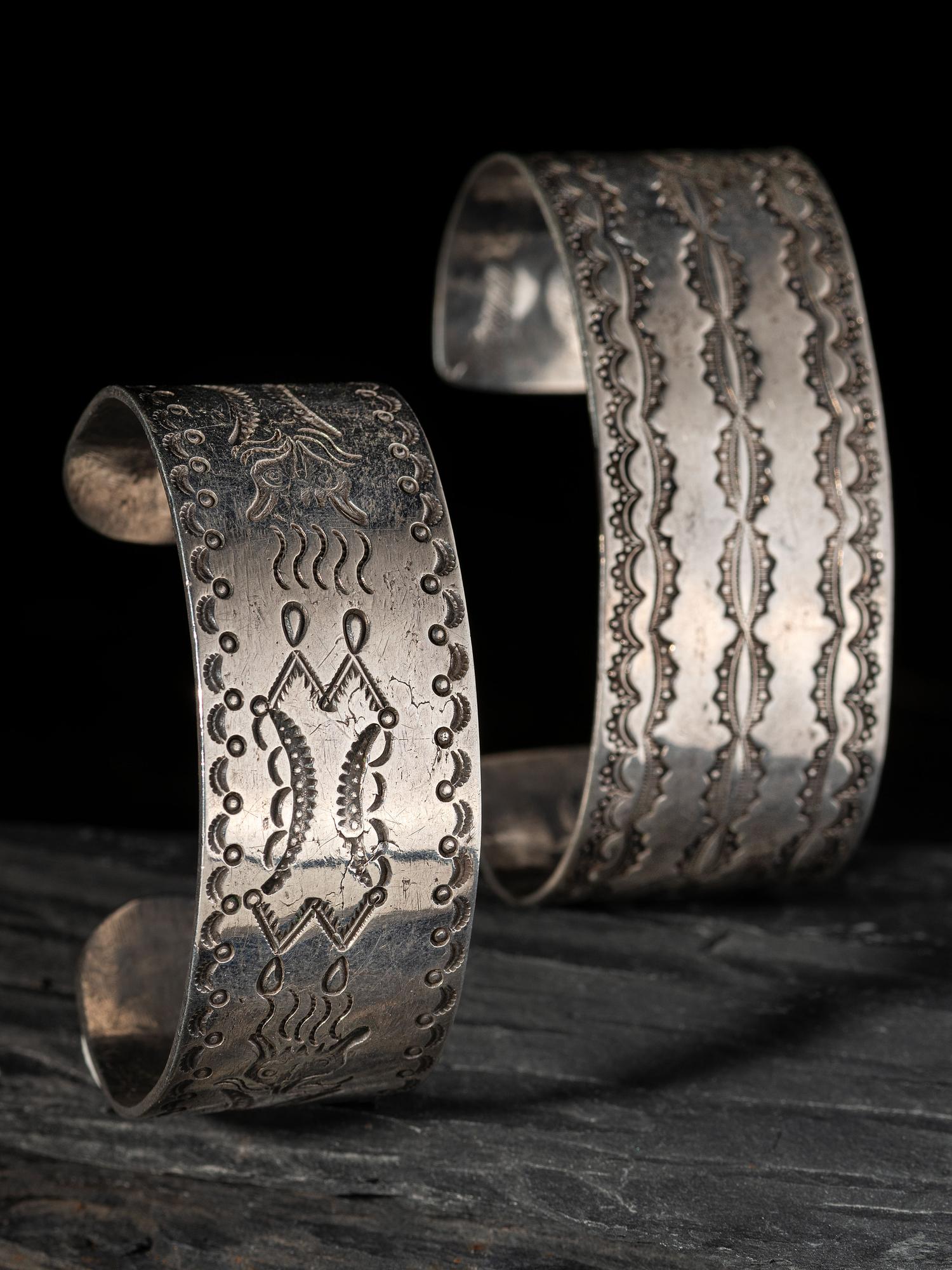 Pair of Navajo Heavily Stamped Ingot Silver Cuff Bracelets