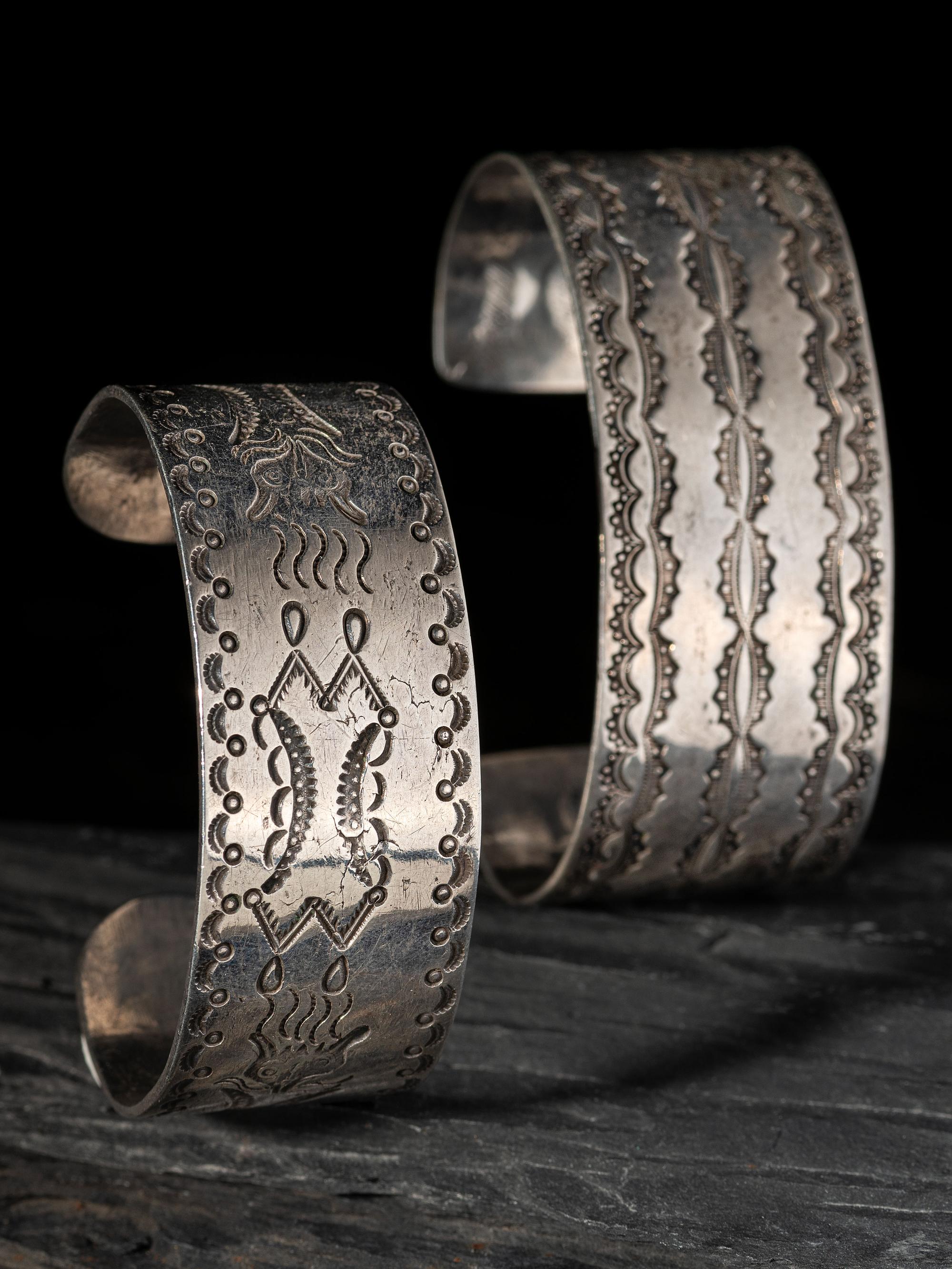 Pair of Navajo Heavily Stamped Ingot Silver Cuff Bracelets