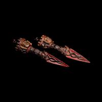 A Pair of Sino-Tibetan Gilt and Red Decorated Wood Vajries, Possibly Zitan, 18th-19th Century — 十八-十九世紀 藏傳彩繪紫檀普巴杵一對