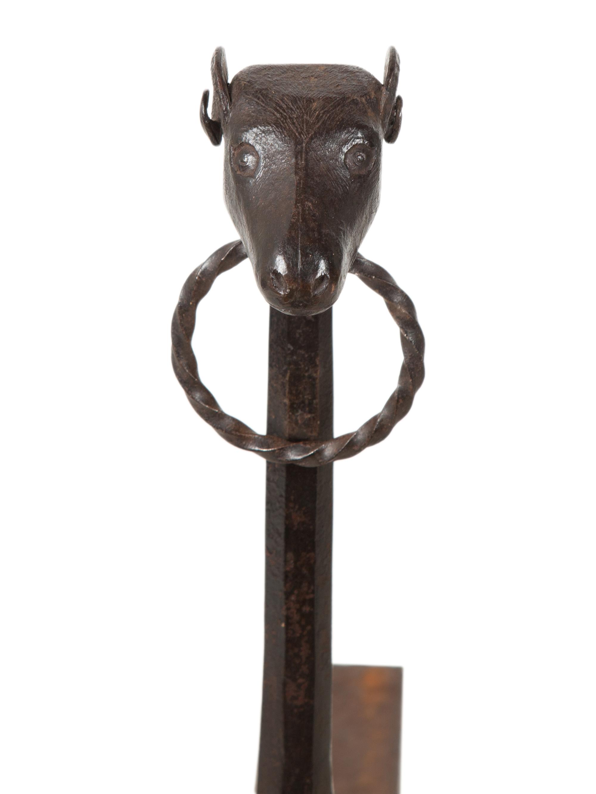 A Pair of Bronze Andirons with Ram Head Finials — 20TH CENTURY