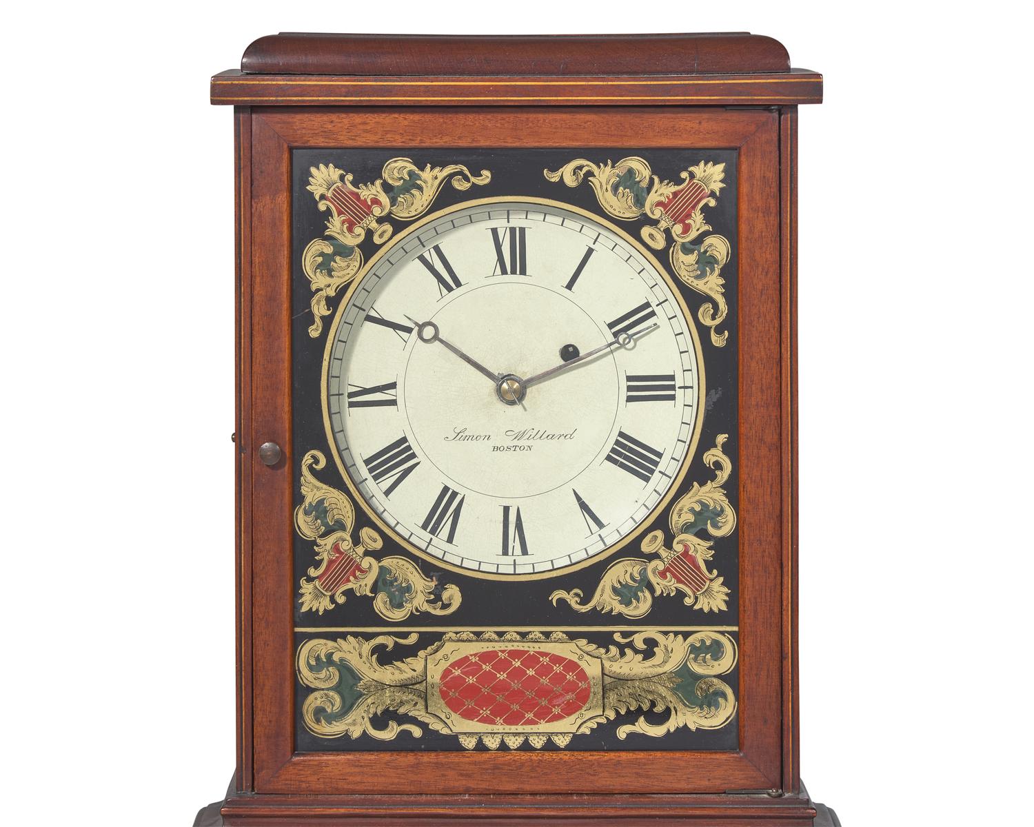 A Federal Inlaid Mahogany And Eglomise Shelf Clock